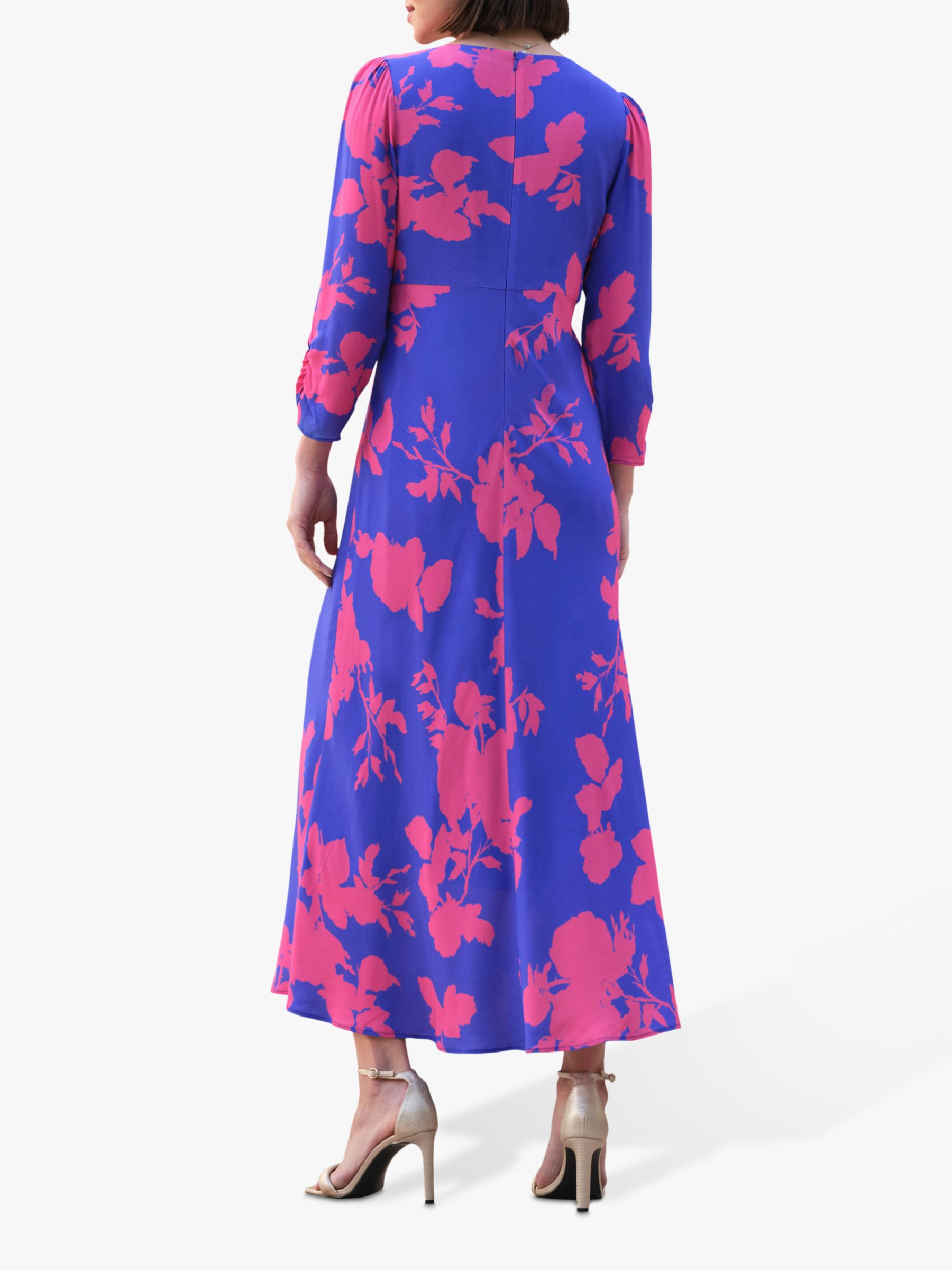 Pure Collection  Shirred Sleeve V Neck Floral Midi Dress, Blue/Pink, 8