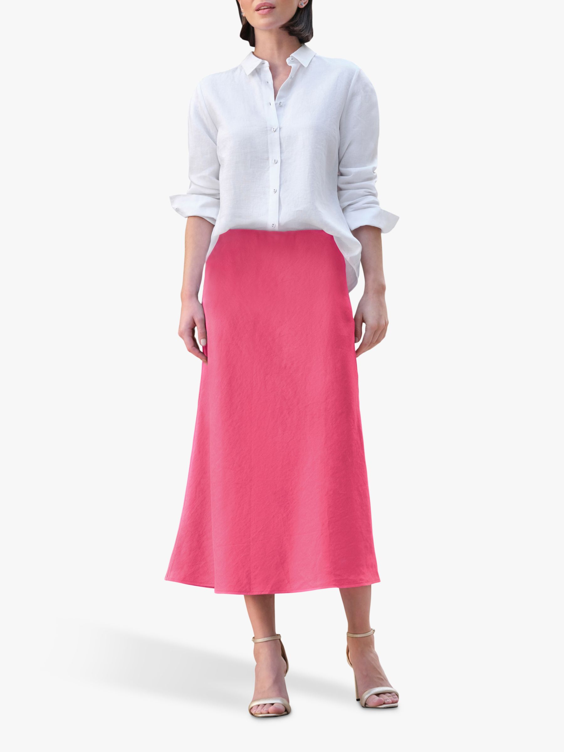 Pure Collection Laundered Linen Midi Skirt, Lipstick Pink at John Lewis ...