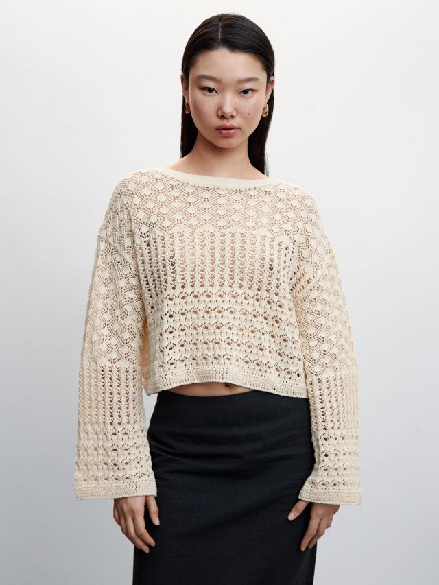 Mango Maldivas Openwork Jumper, Light Beige, XXS