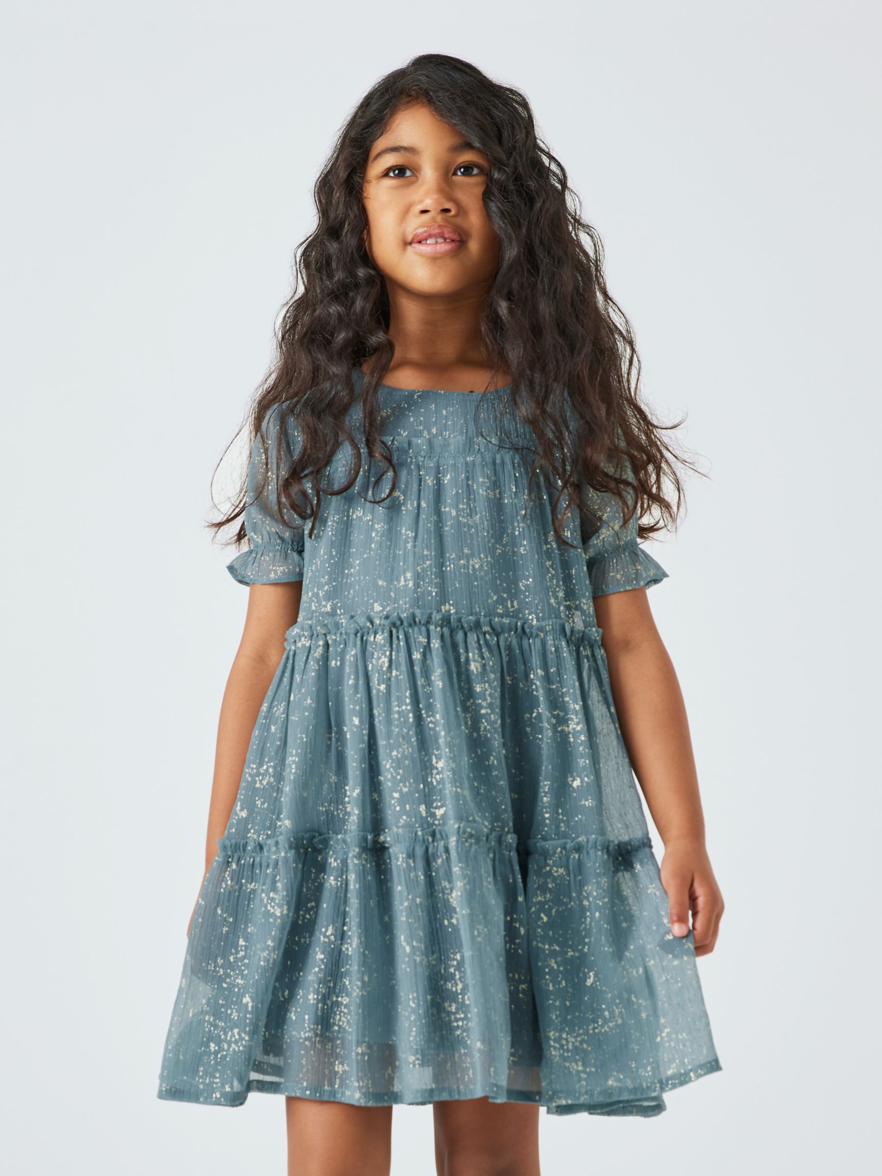 John Lewis Kids' Foil Shimmer Tiered Dress, Teal Blue at John Lewis ...