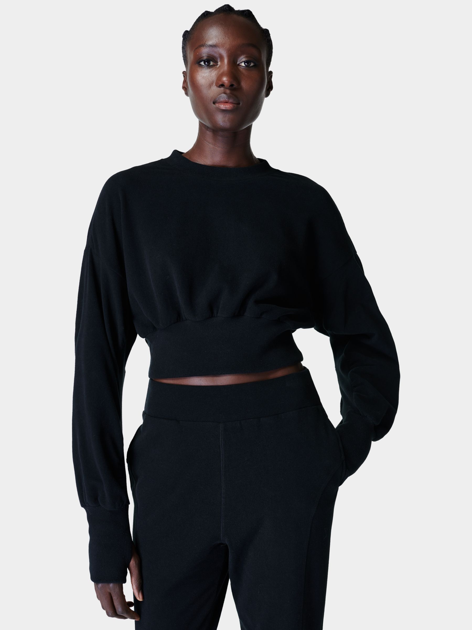 Sweaty Betty Delight Luxe Cropped Fleece Top, Black at John Lewis ...