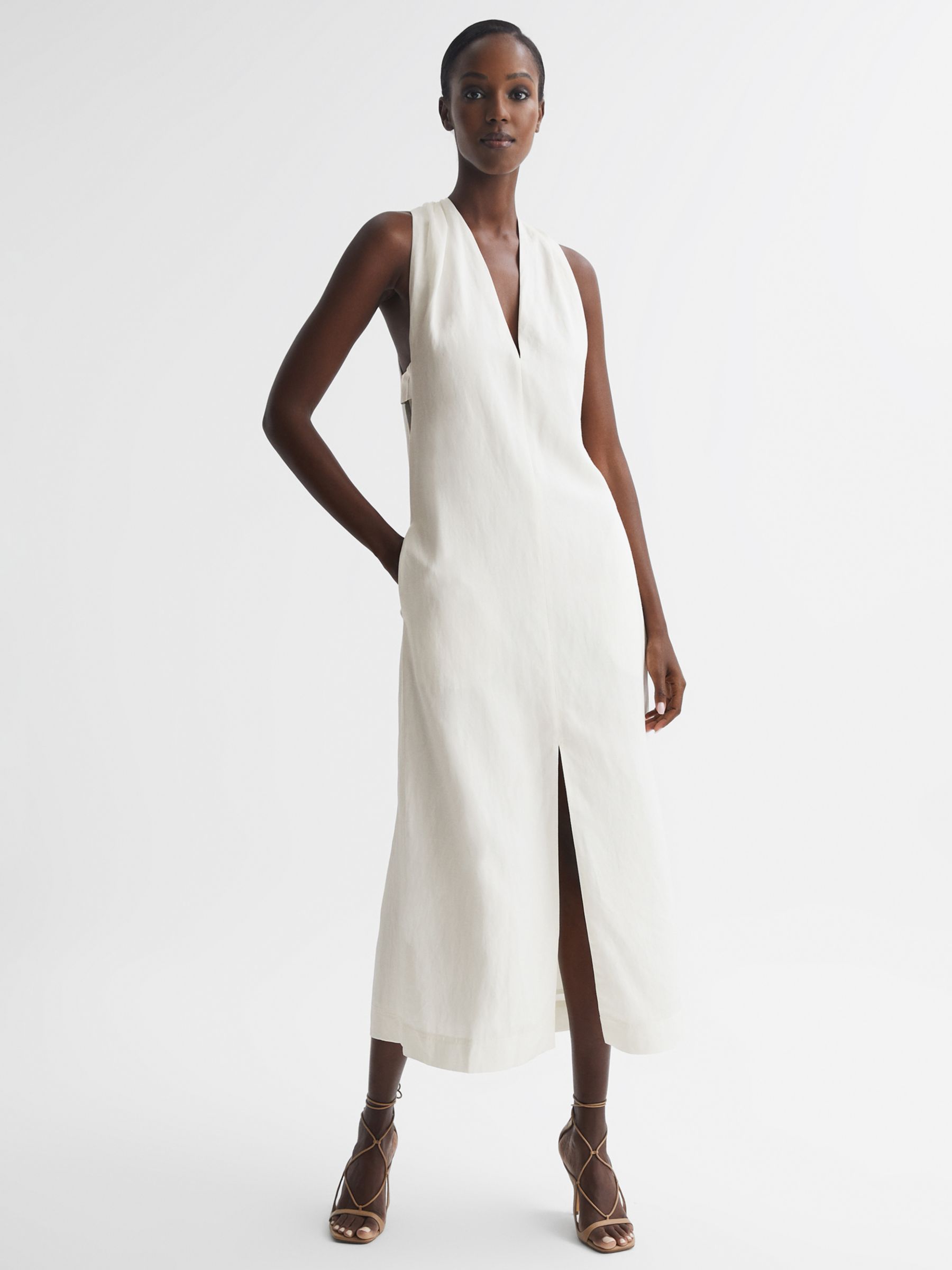 Reiss Alda Plunge Slit Midi Dress, Ivory at John Lewis & Partners