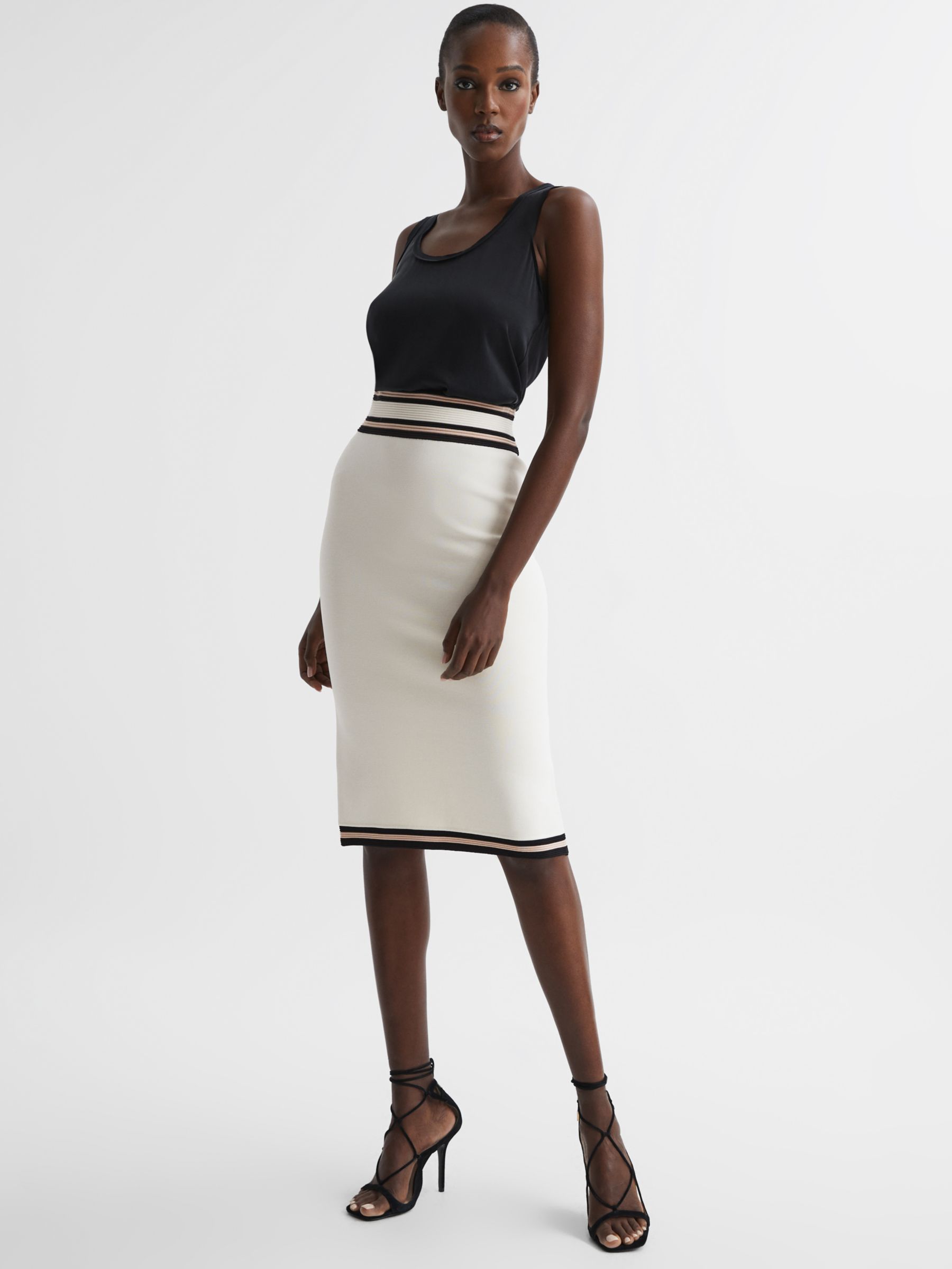 Reiss Darla Knitted Knee Length Skirt, White at John Lewis & Partners