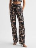 Reiss Leo Floral Wide Leg Linen Trousers, Black/Multi