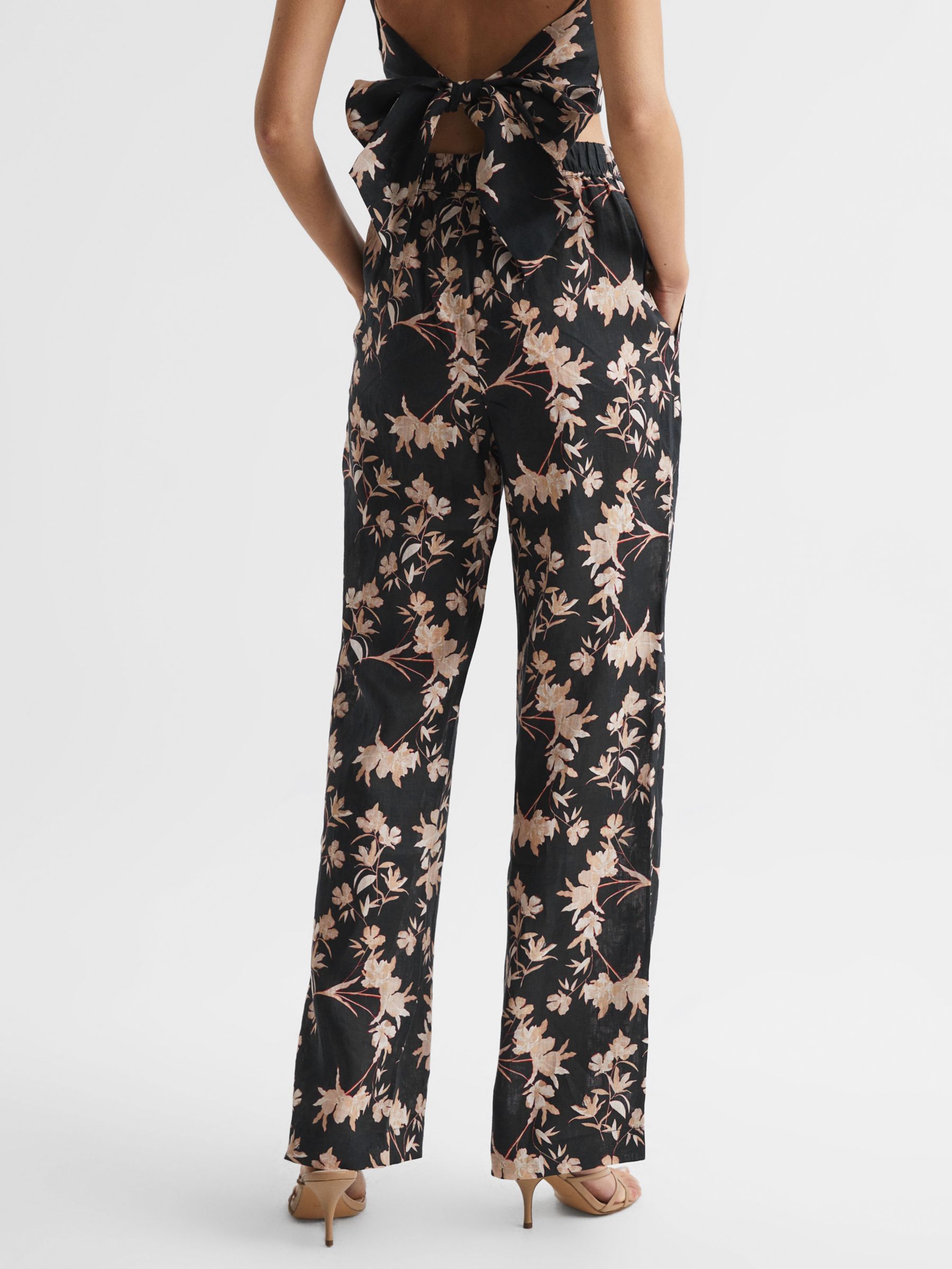 Reiss Leo Floral Wide Leg Linen Trousers, Black/Multi at John