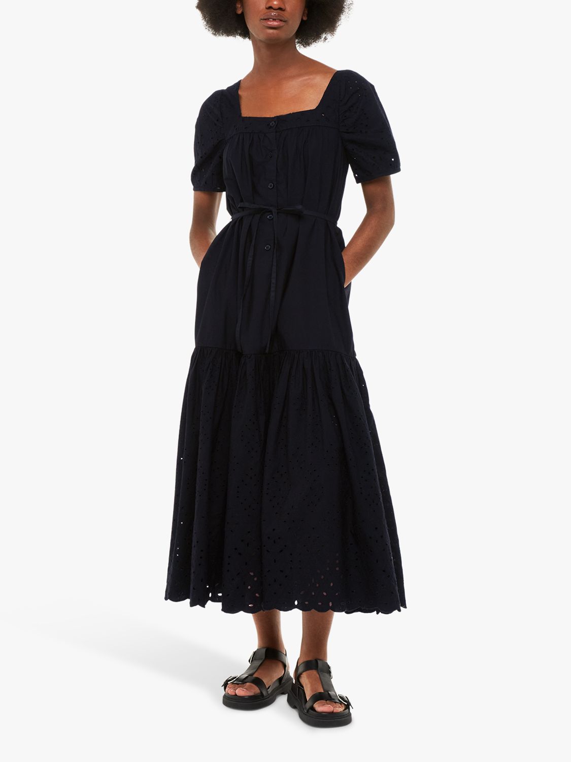 Whistles Broderie Poplin Trapeze Dress, Black at John Lewis & Partners