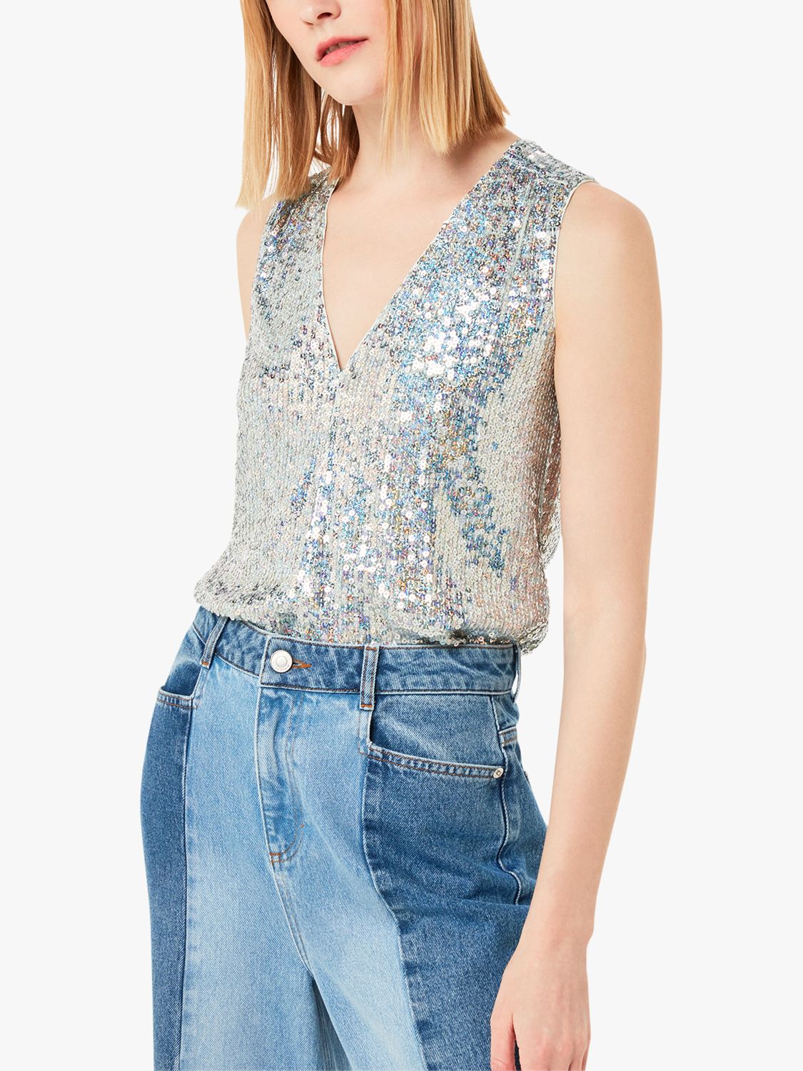 Whistles Claudia Sequin Vest Top, Silver, 18
