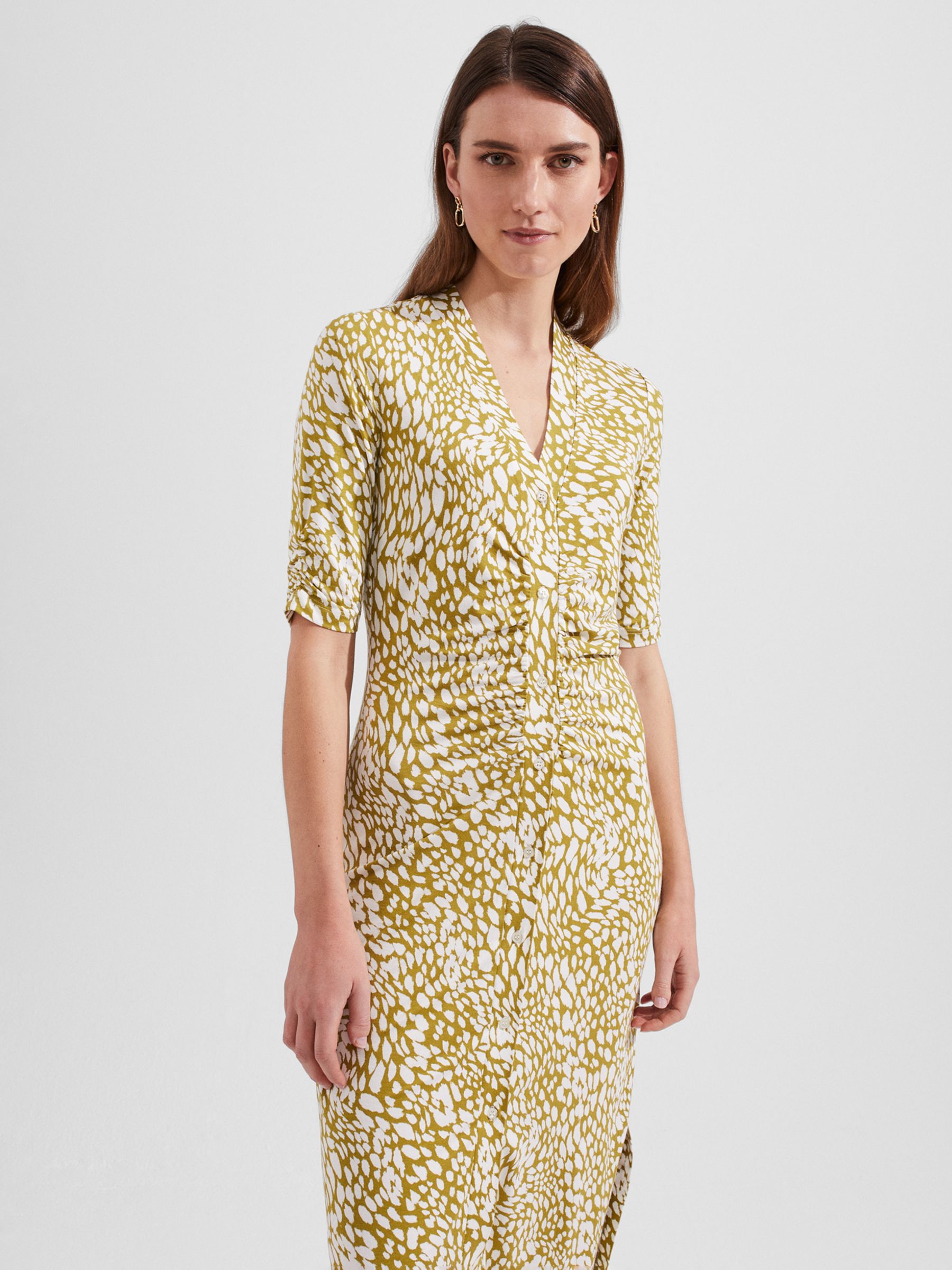 Hobbs Hatty Abstract Print Jersey Midi Dress, Mid Olive/Ivory, 10