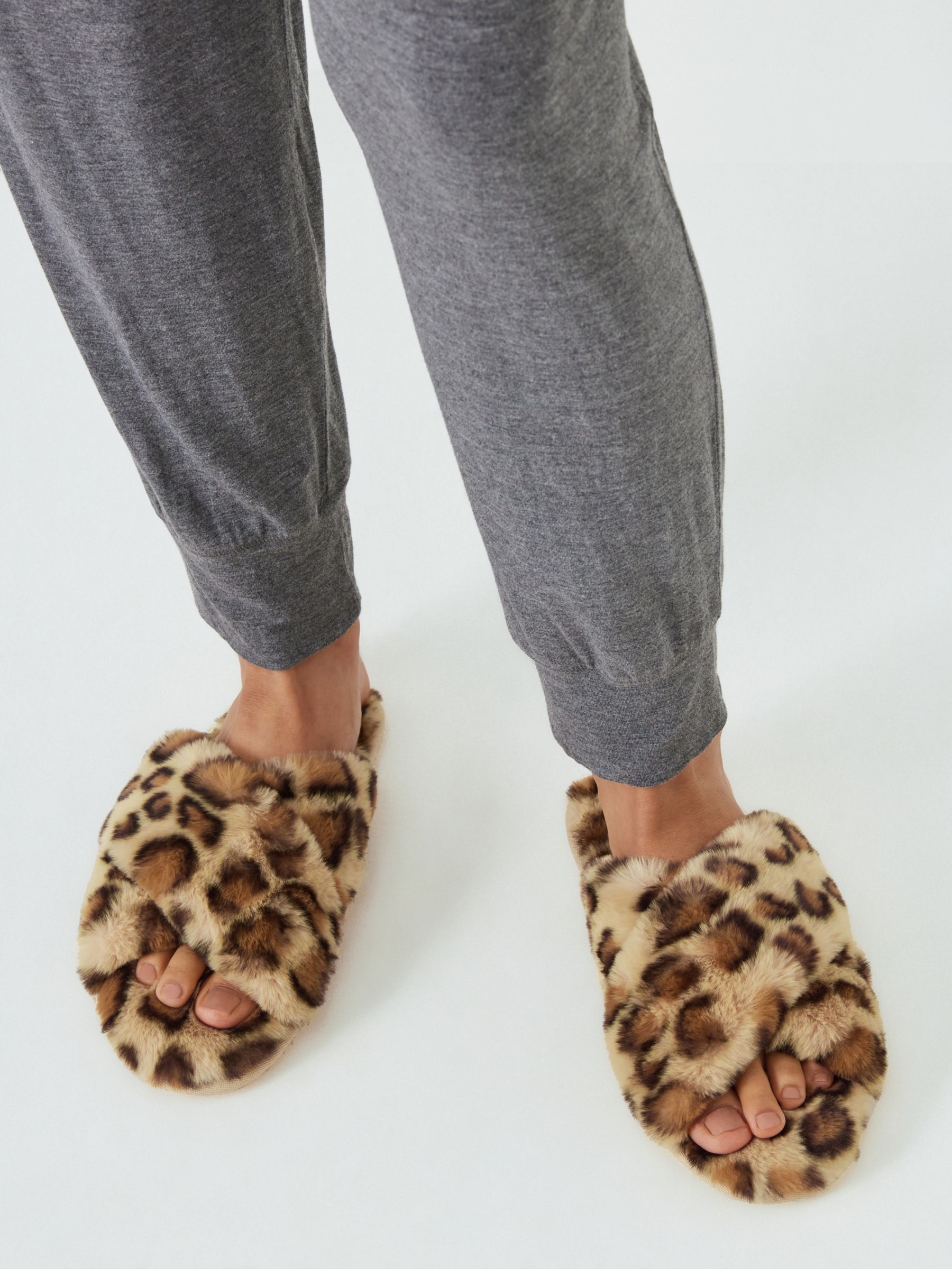 John Lewis ANYDAY Cross Strap Recycled Faux Fur Mule Slippers, Leopard, M