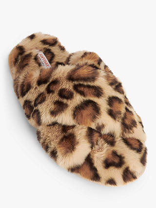 John Lewis ANYDAY Cross Strap Recycled Faux Fur Mule Slippers, Leopard