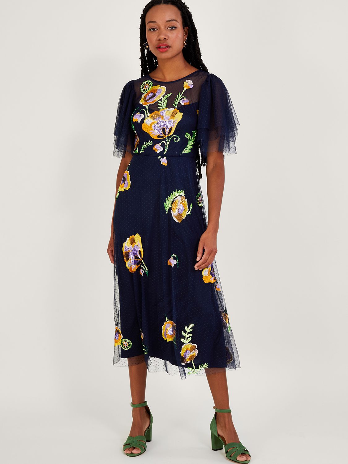 Monsoon Claudia Embroidered Midi Dress, Navy