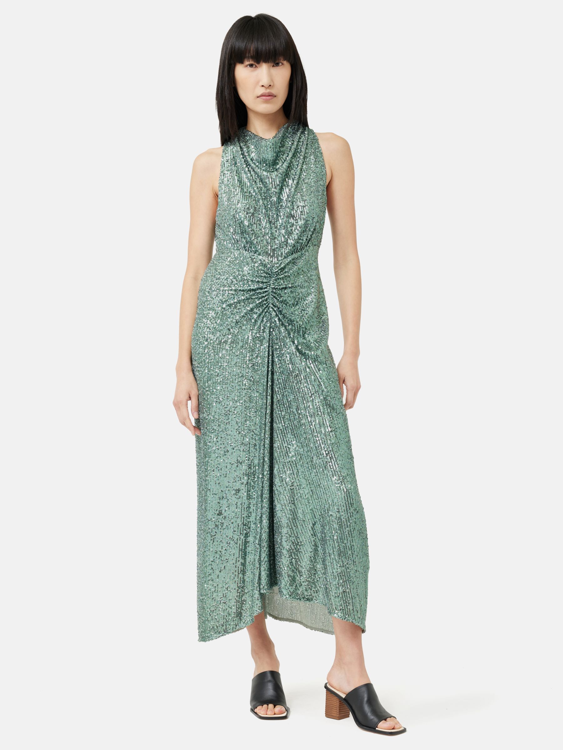 Jigsaw Cowl Neck Sequin Midi Dress, Aqua at John Lewis & Partners