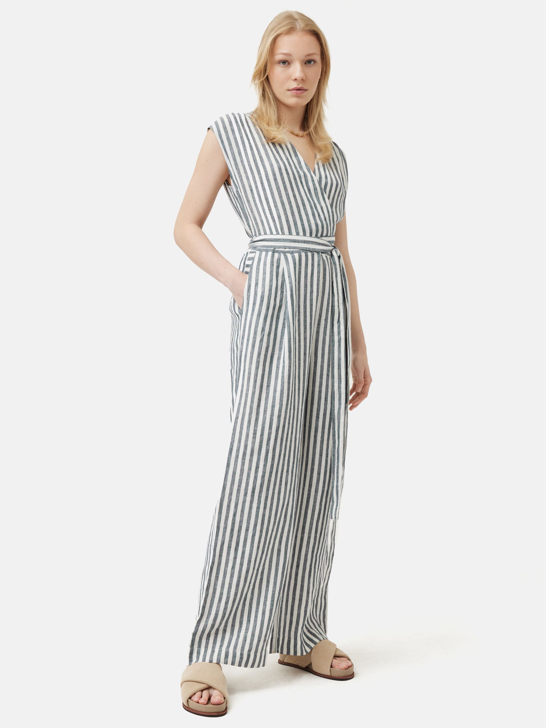 Jigsaw Linen Stripe Wrap Neck Jumpsuit, Blue/White at John Lewis & Partners