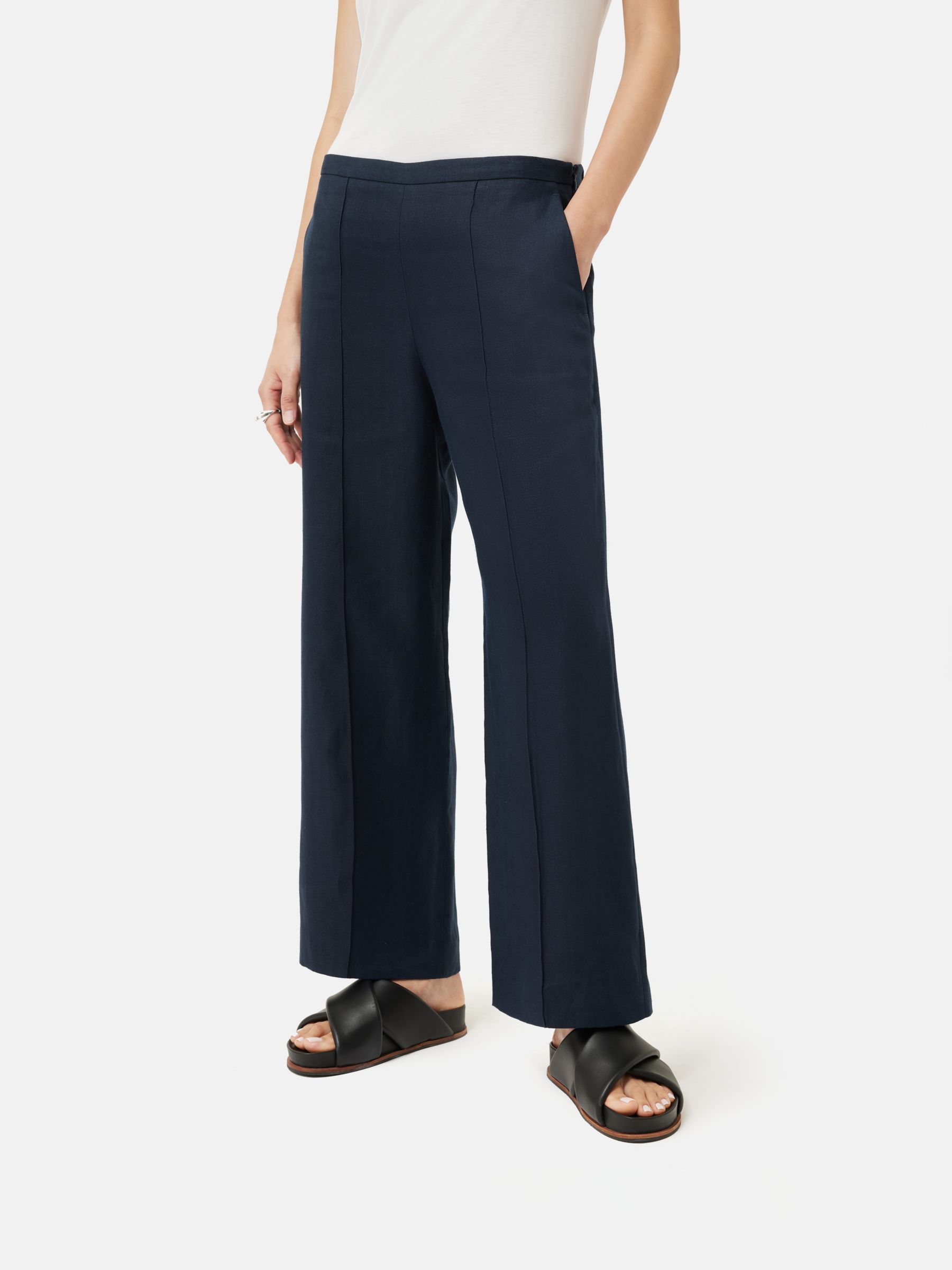 Jigsaw Herringbone Linen Palazzo Trousers, Navy at John Lewis & Partners