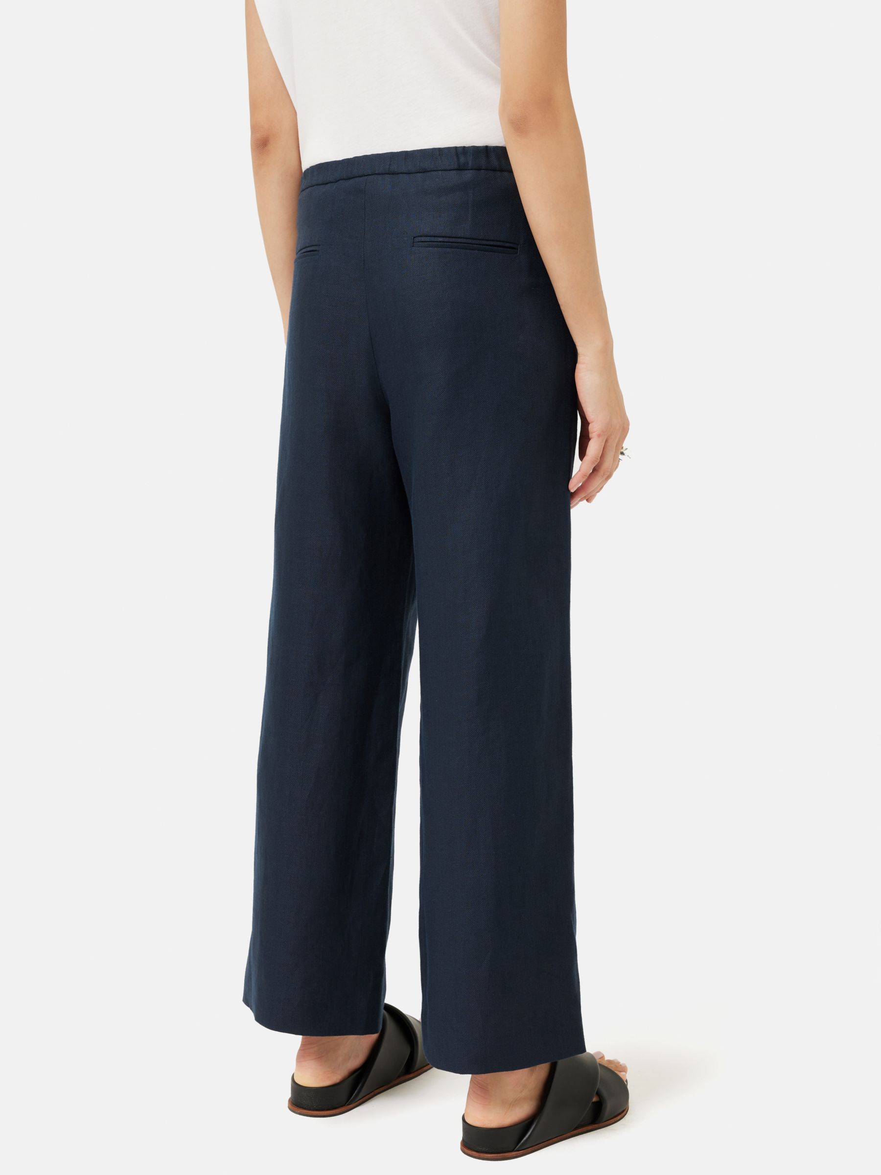 Jigsaw Herringbone Linen Palazzo Trousers, Navy at John Lewis & Partners