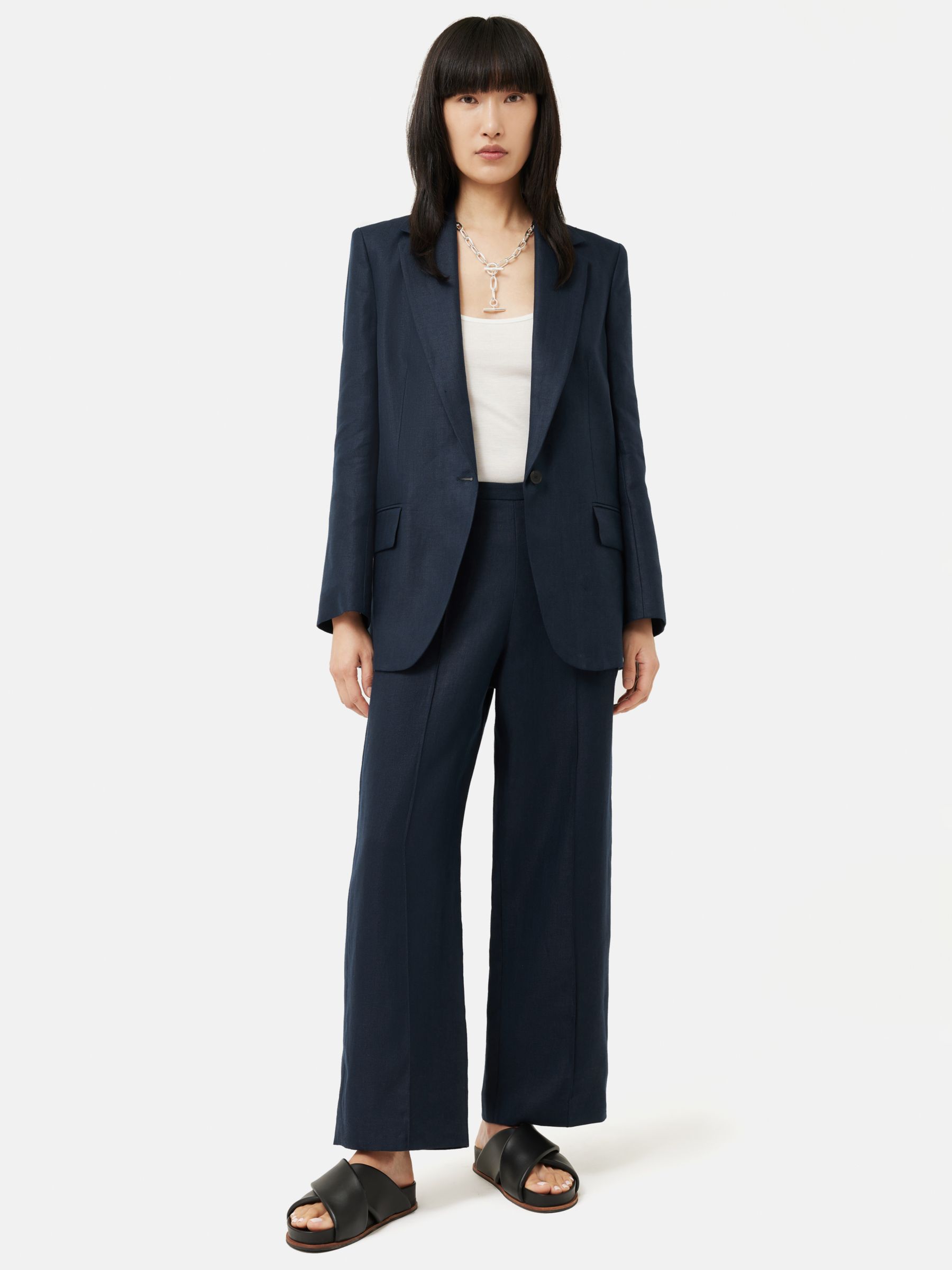 Jigsaw Herringbone Linen Palazzo Trousers, Navy at John Lewis & Partners