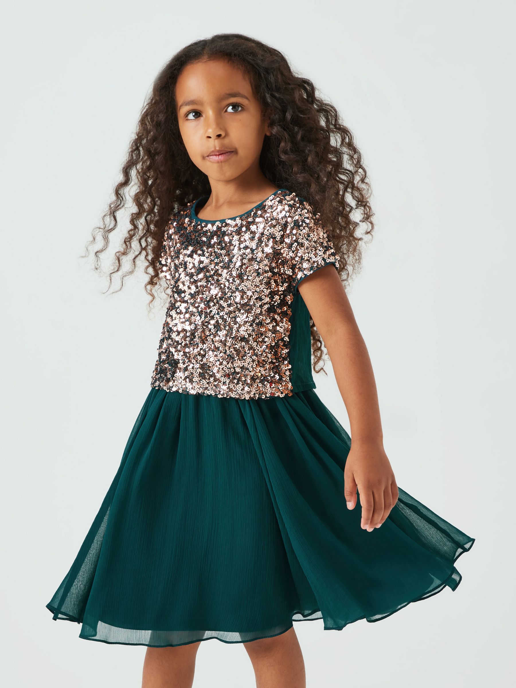 Childrens Teal Sequin Lace Crop Sleeved Lyrical Dress