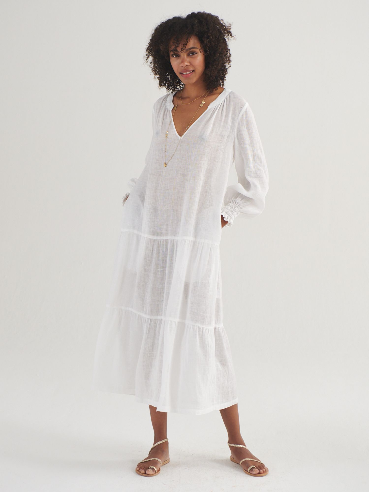 NRBY Brooke Gauze Tiered Linen Maxi Dress, White, S