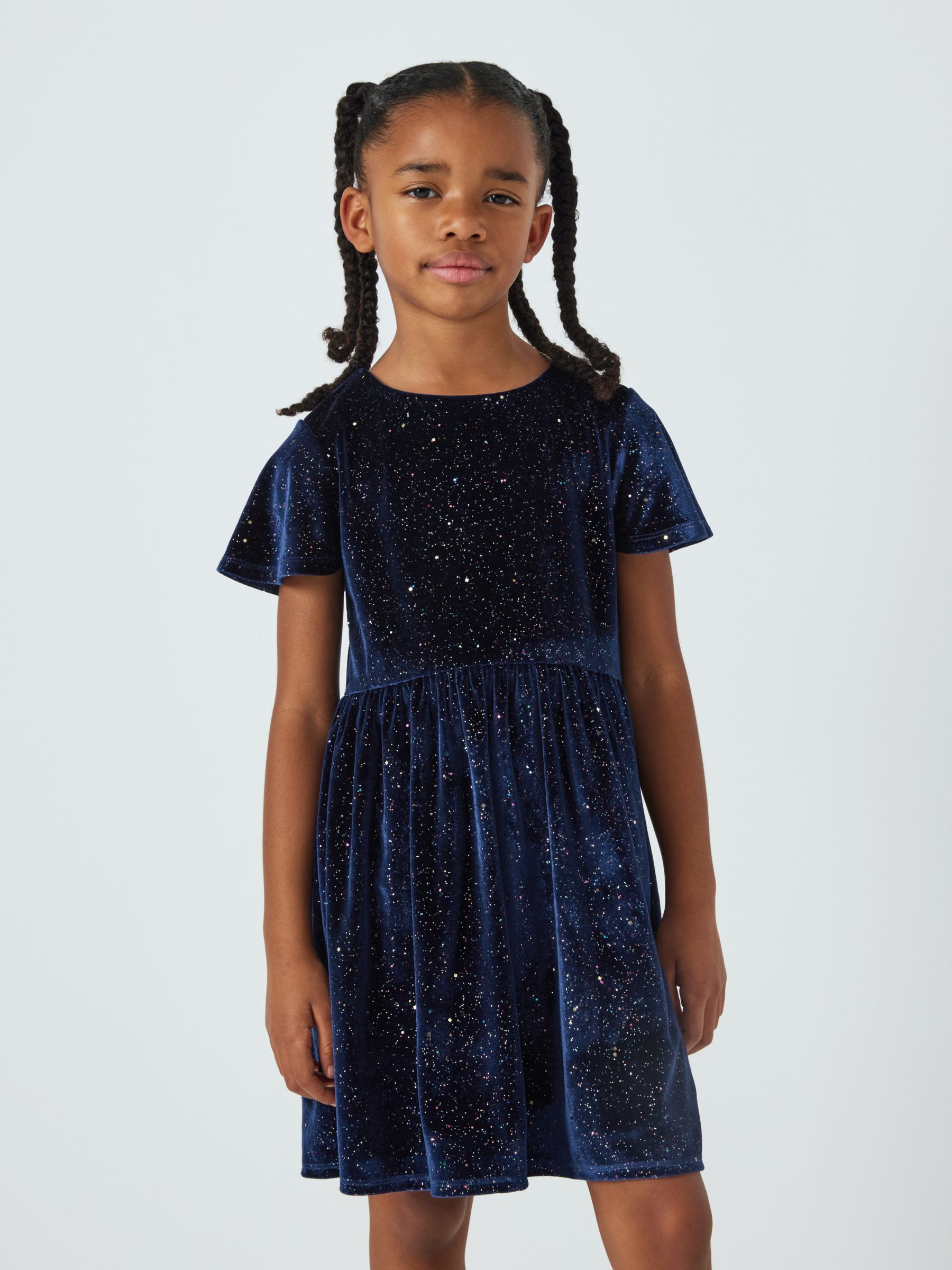 John Lewis Kids' Glitter Velour Dress, Navy/Multi at John Lewis & Partners