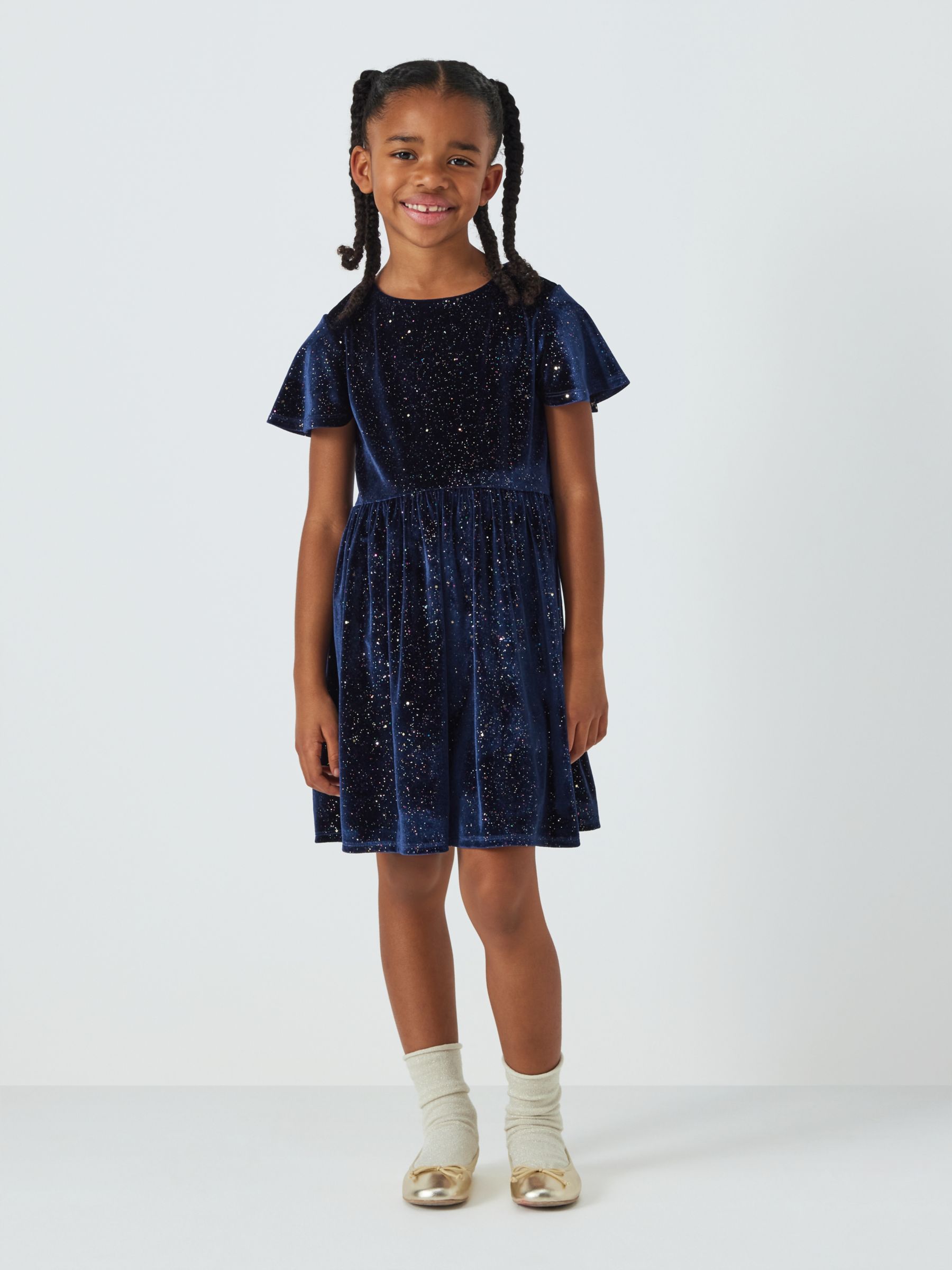 John Lewis Kids' Glitter Velour Dress, Navy/Multi at John Lewis & Partners