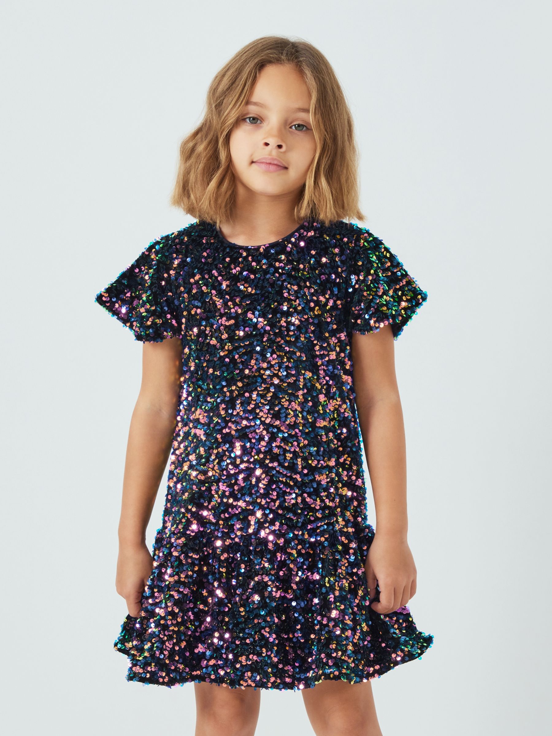 John Lewis Kids' Sequin Velour Frill Dress, Multi at John Lewis & Partners