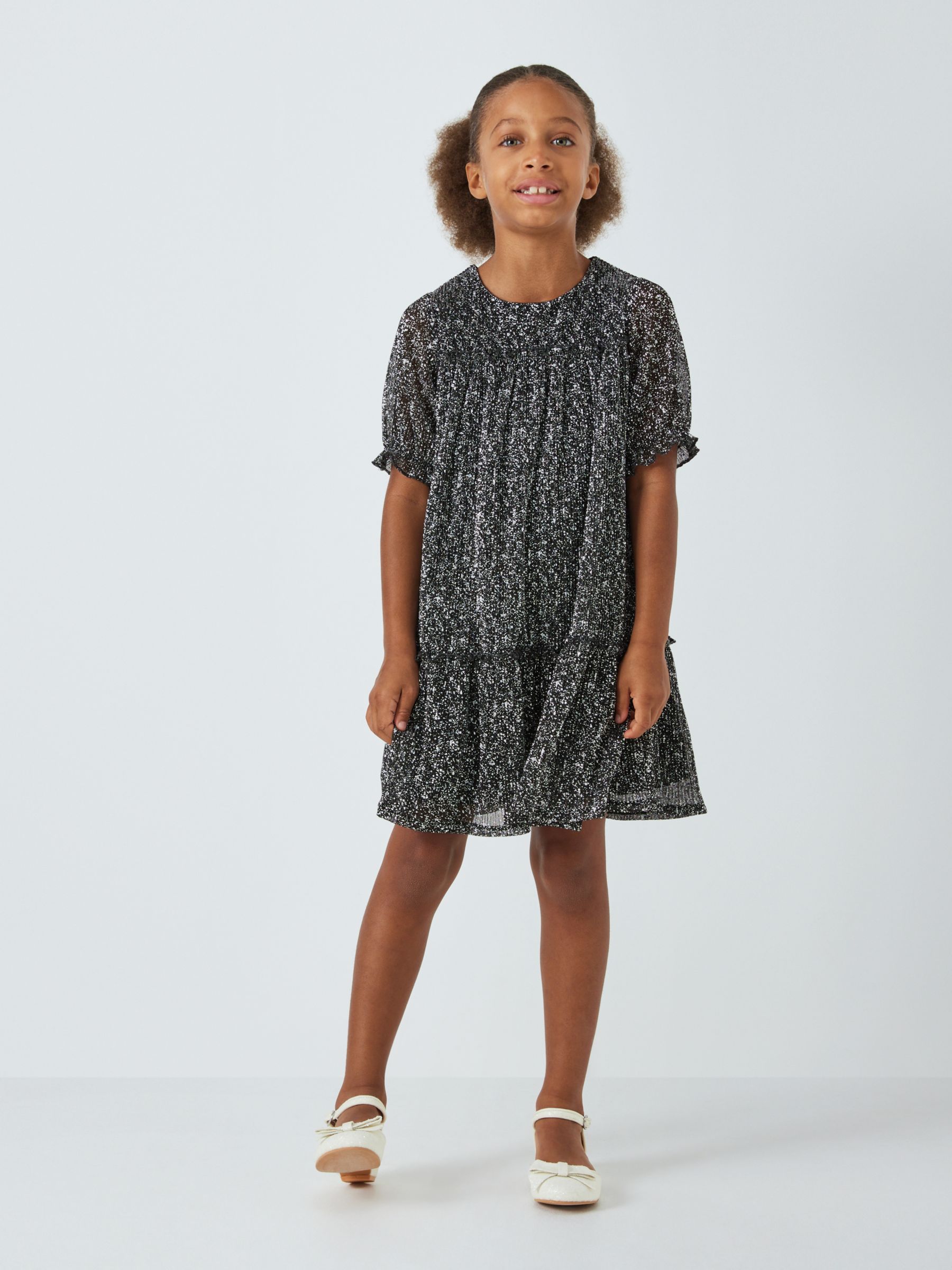 John Lewis Kids' Plisse Foil Tiered Dress, Black/Silver at John Lewis ...