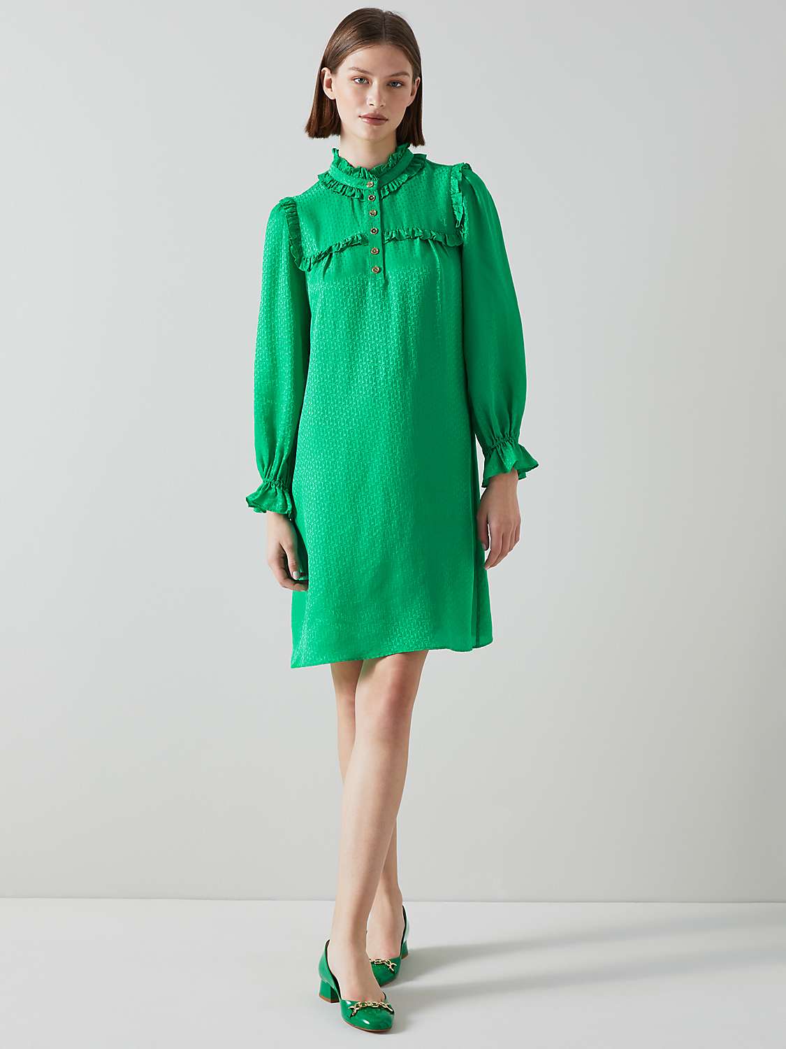 L.K.Bennett Edie Silk Blend Key Jacquard Ruffle Collar Dress, Green