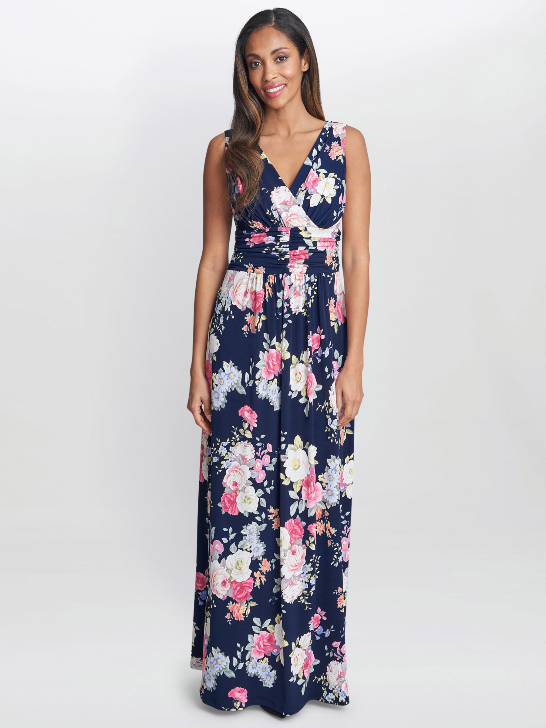 Gina Bacconi Priya Floral Maxi Dress, Navy/Pink at John Lewis & Partners