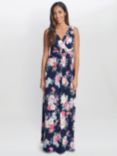 Gina Bacconi Priya Floral Maxi Dress, Navy/Pink, Navy/Pink