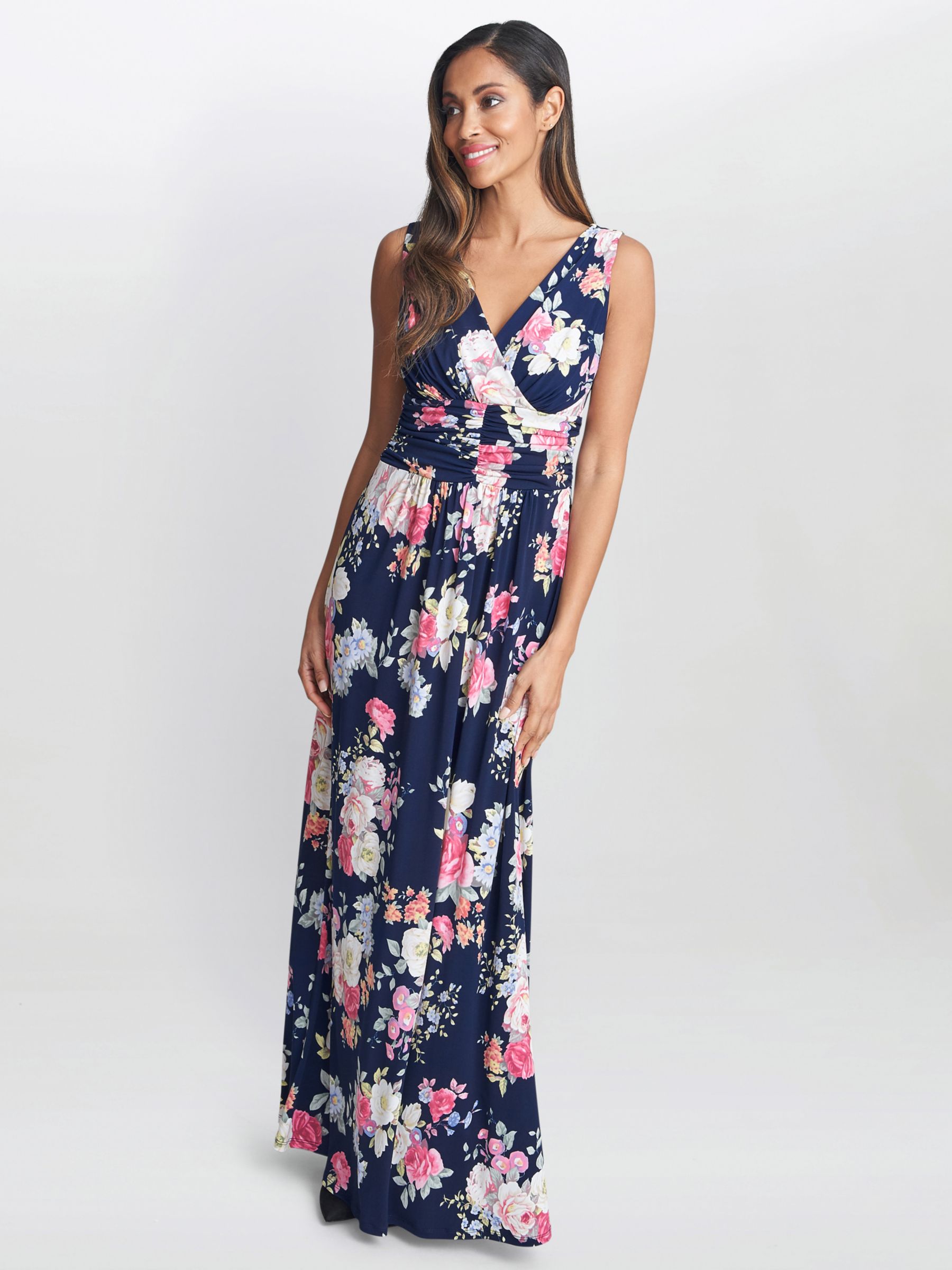 Gina Bacconi Priya Floral Maxi Dress, Navy/Pink, 8