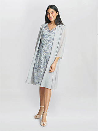 Gina Bacconi Tracy Chiffon Jacket and Floral Embroidered Dress, Dove