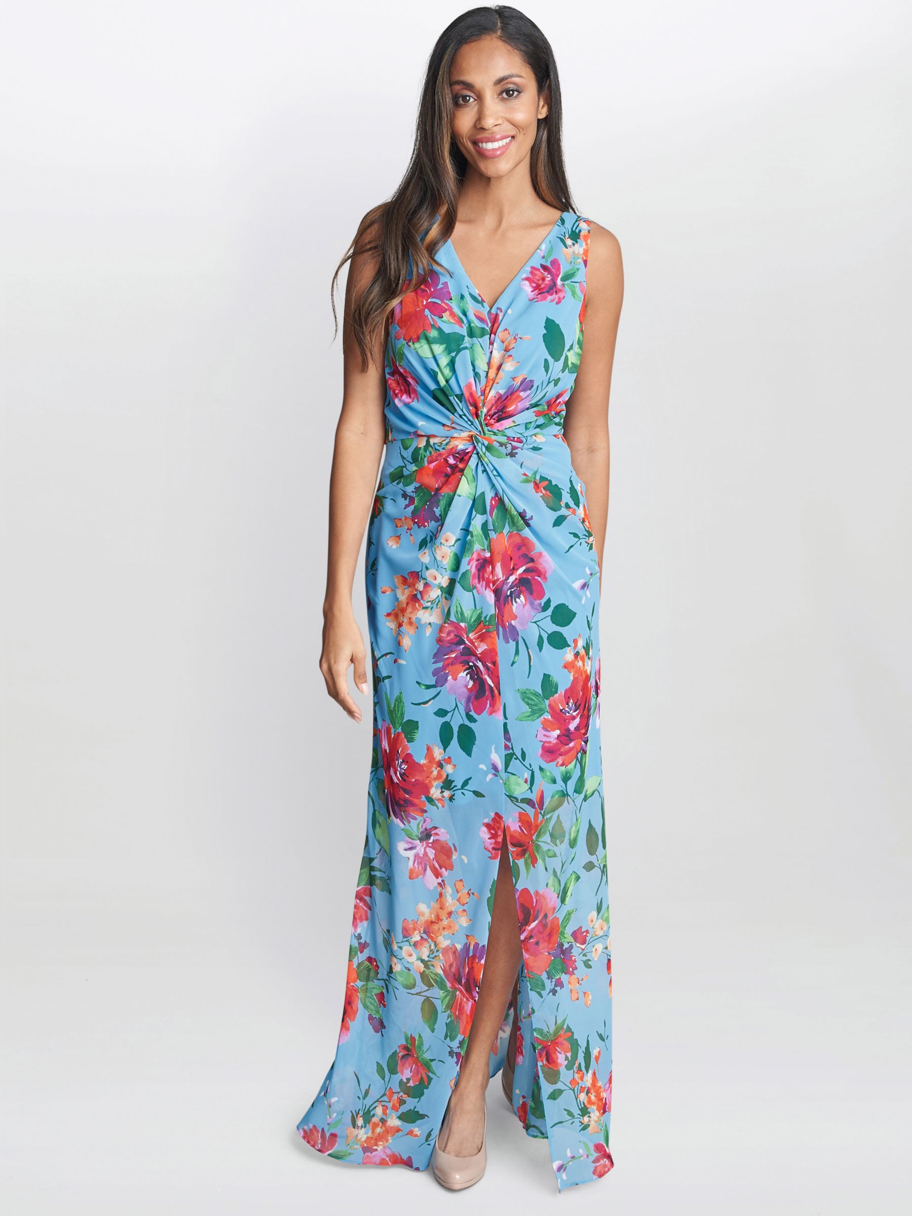Gina Bacconi Jennifer Floral Twist Detail Maxi Dress, Aqua/Multi, 10