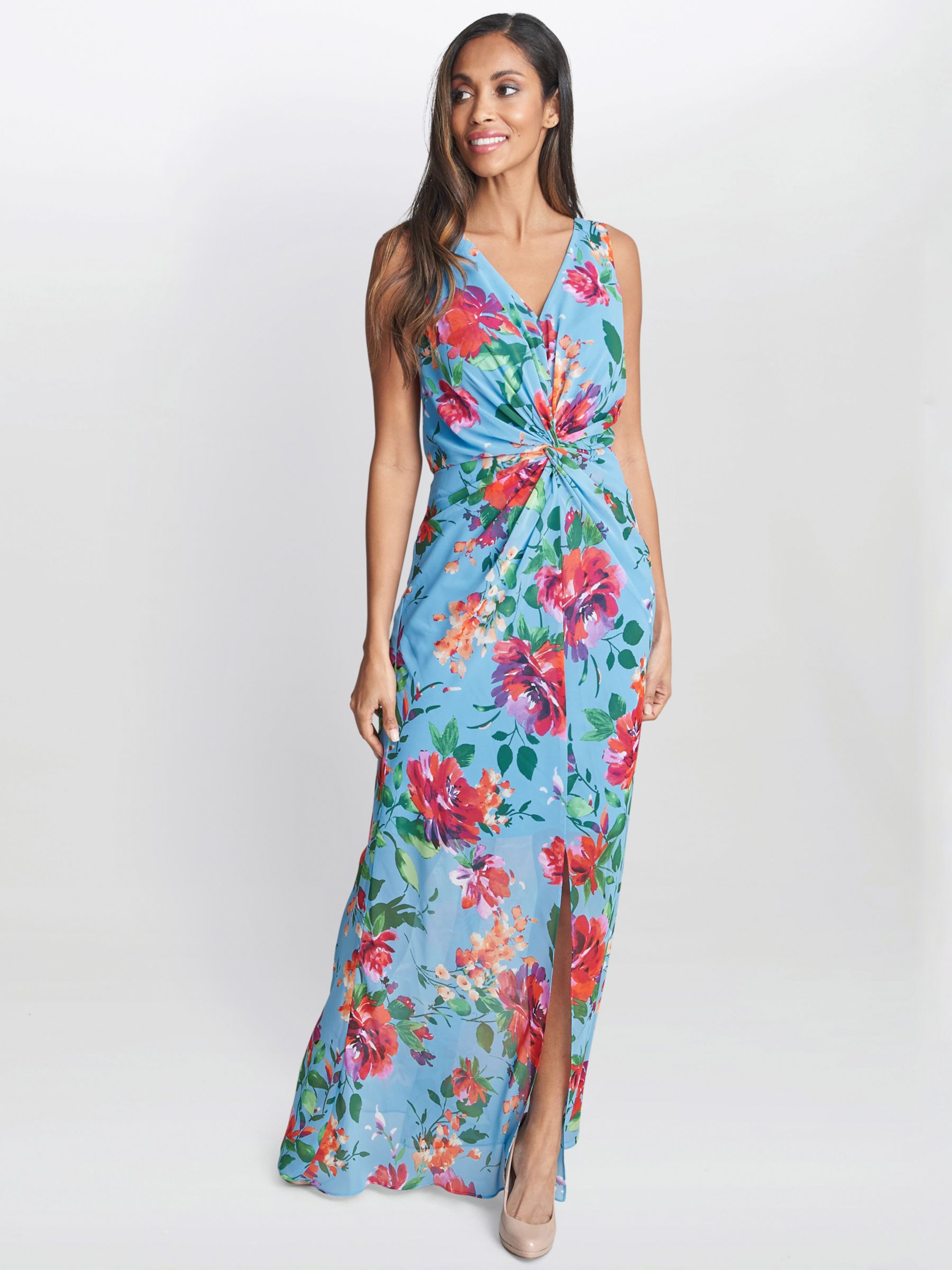 Gina Bacconi Jennifer Floral Twist Detail Maxi Dress, Aqua/Multi, 10