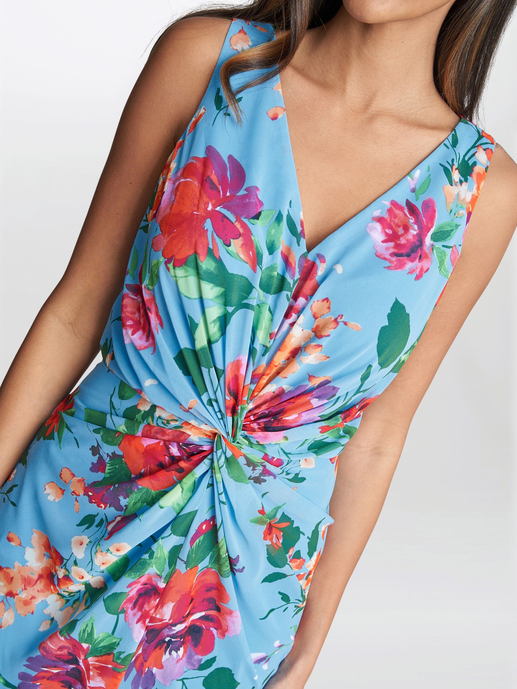 Gina Bacconi Jennifer Floral Twist Detail Maxi Dress, Aqua/Multi
