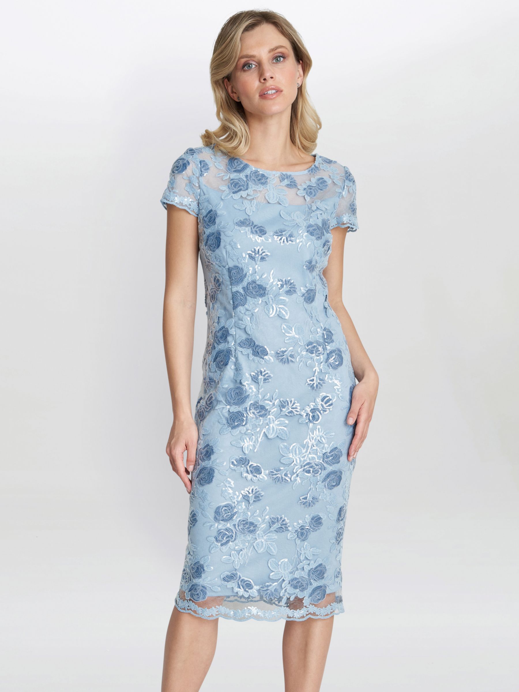 Gina Bacconi Millie Embroidered Lace Midi Shift Dress, Sky Blue at John ...