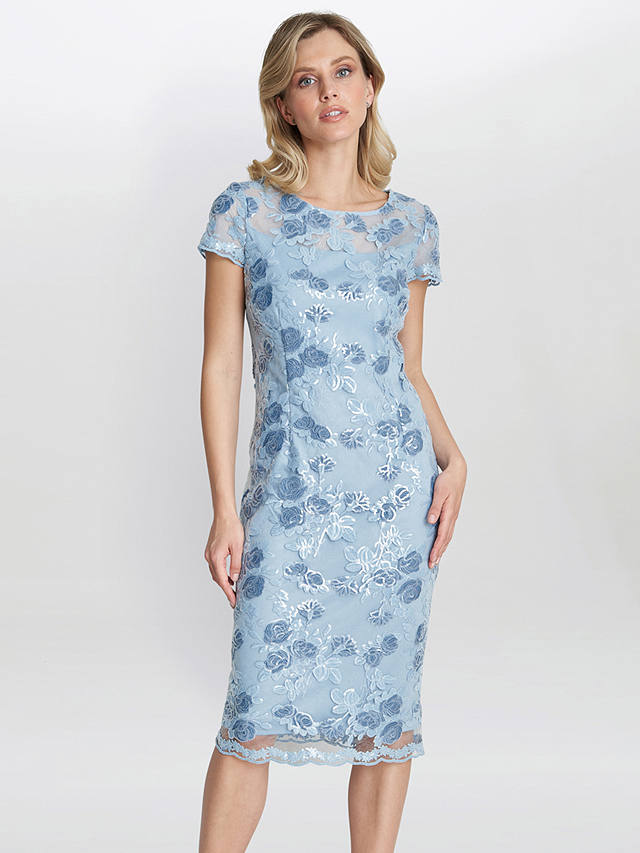 Gina Bacconi Millie Embroidered Lace Midi Shift Dress, Sky Blue