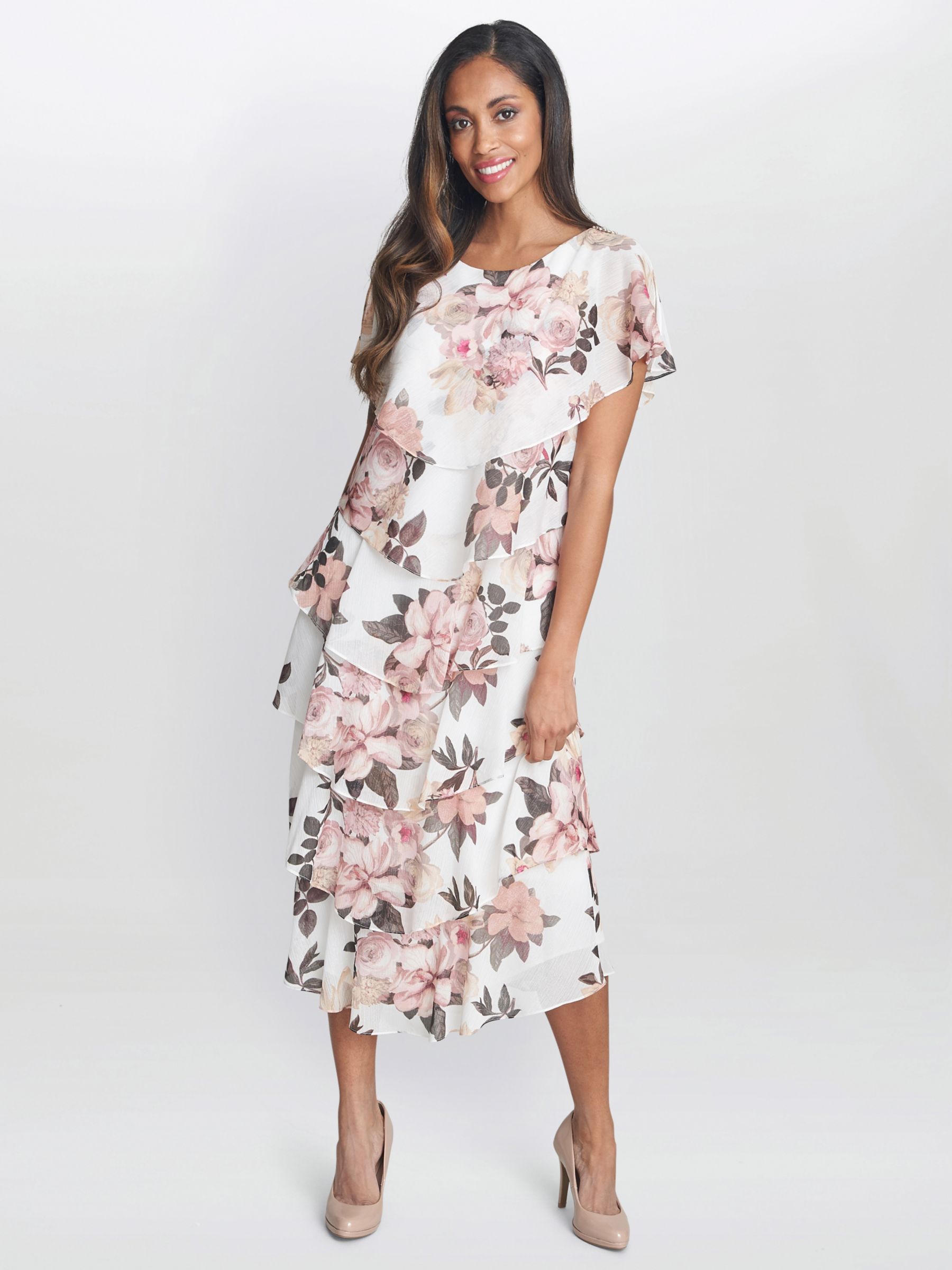 Gina Bacconi Alice Floral Midi Dress, Ivory Pink at John Lewis & Partners