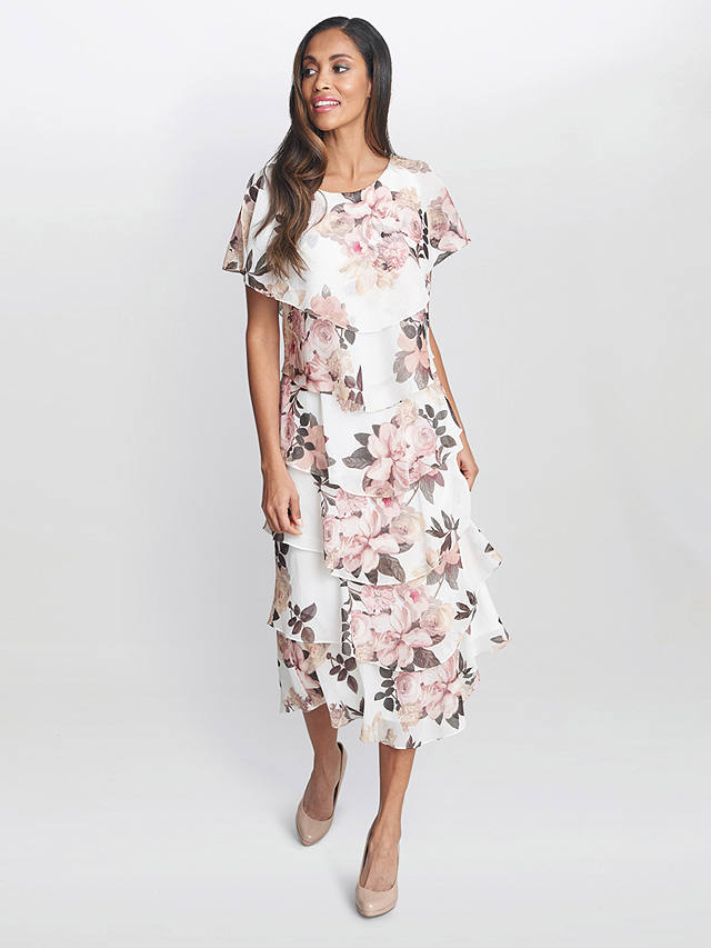 Gina Bacconi Alice Floral Midi Dress, Ivory Pink