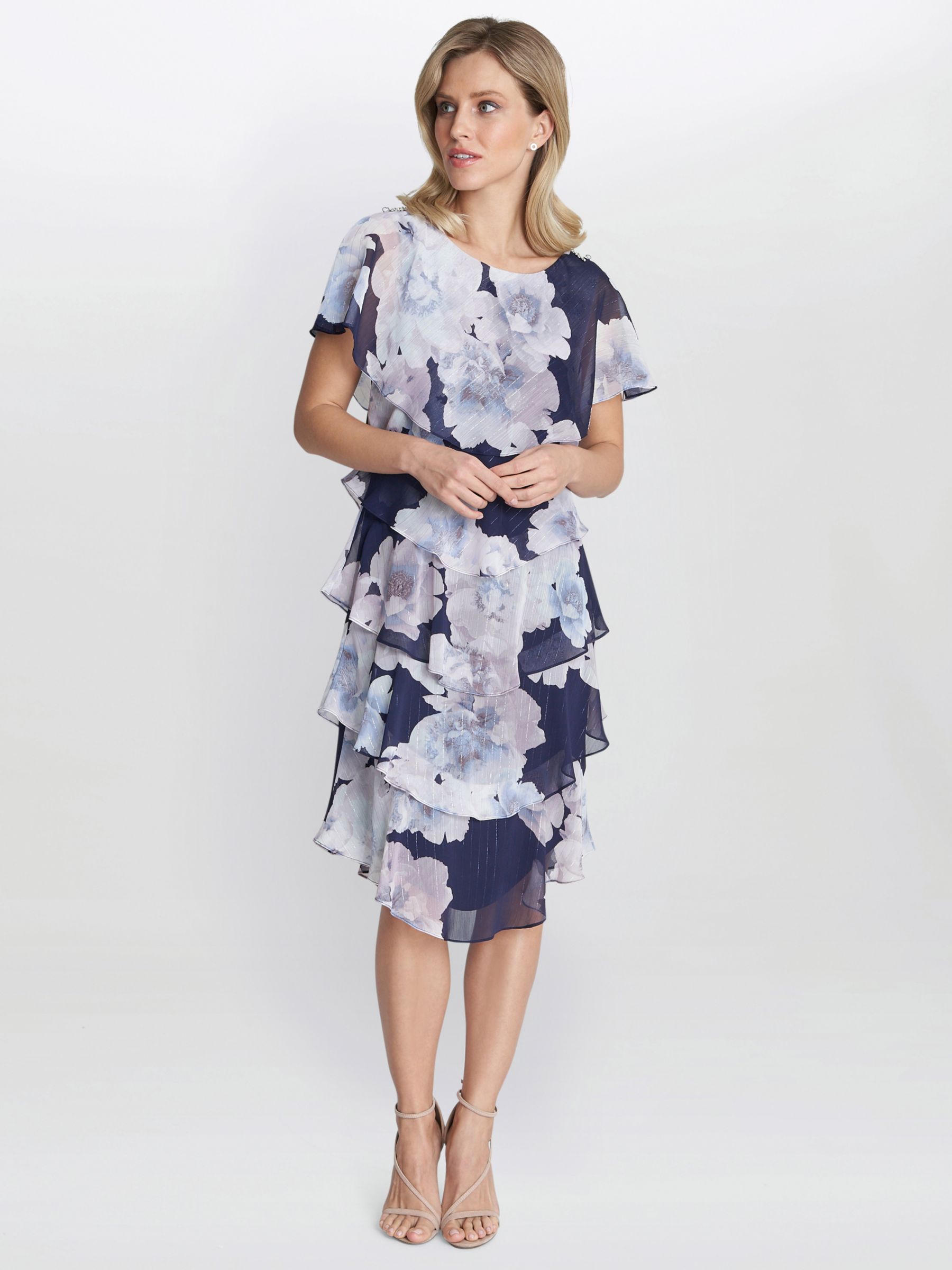 Gina Bacconi Hara Pri Floral Frill Dress, Navy/Multi at John Lewis ...