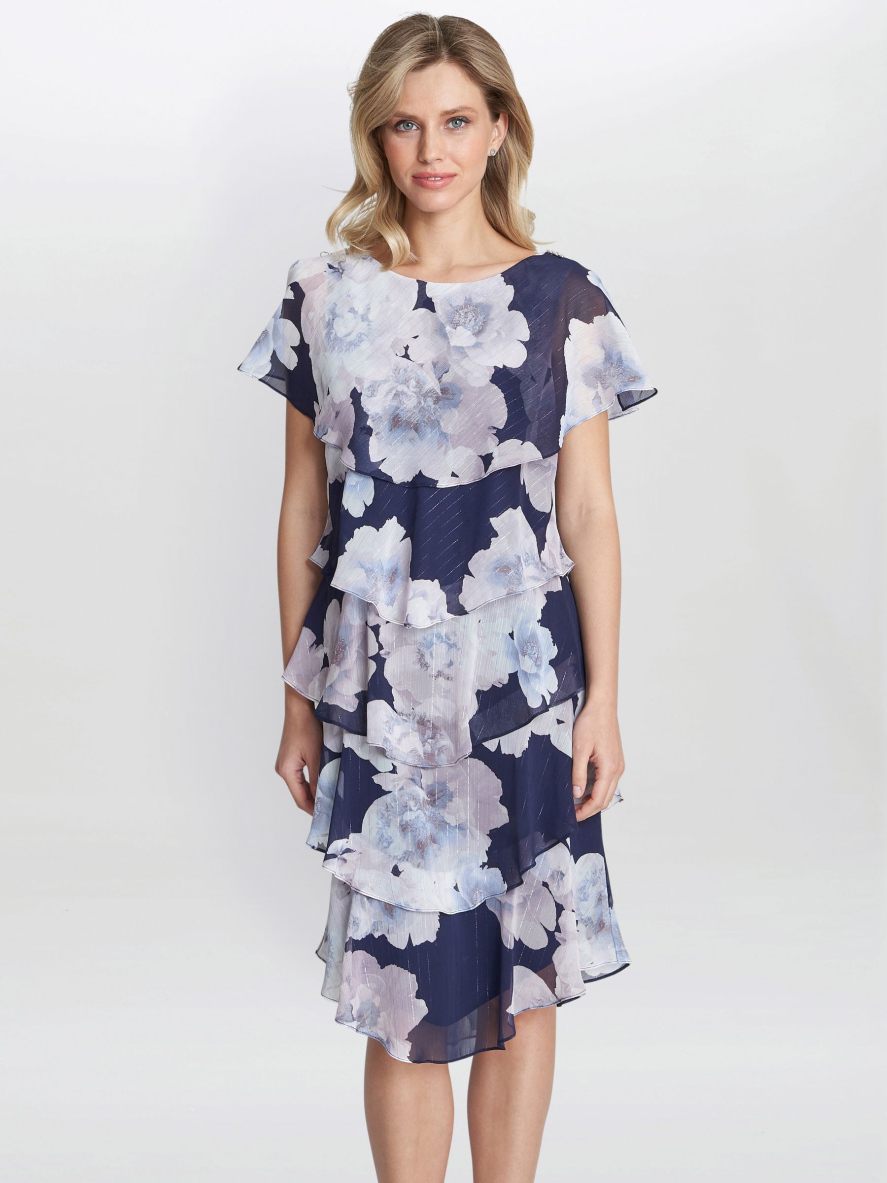 Gina Bacconi Hara Pri Floral Frill Dress, Navy/Multi