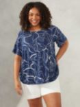 Live Unlimited Curve Linear Floral Print Flutter Sleeve Jersey Top, Dark Blue/White, Dark Blue/White