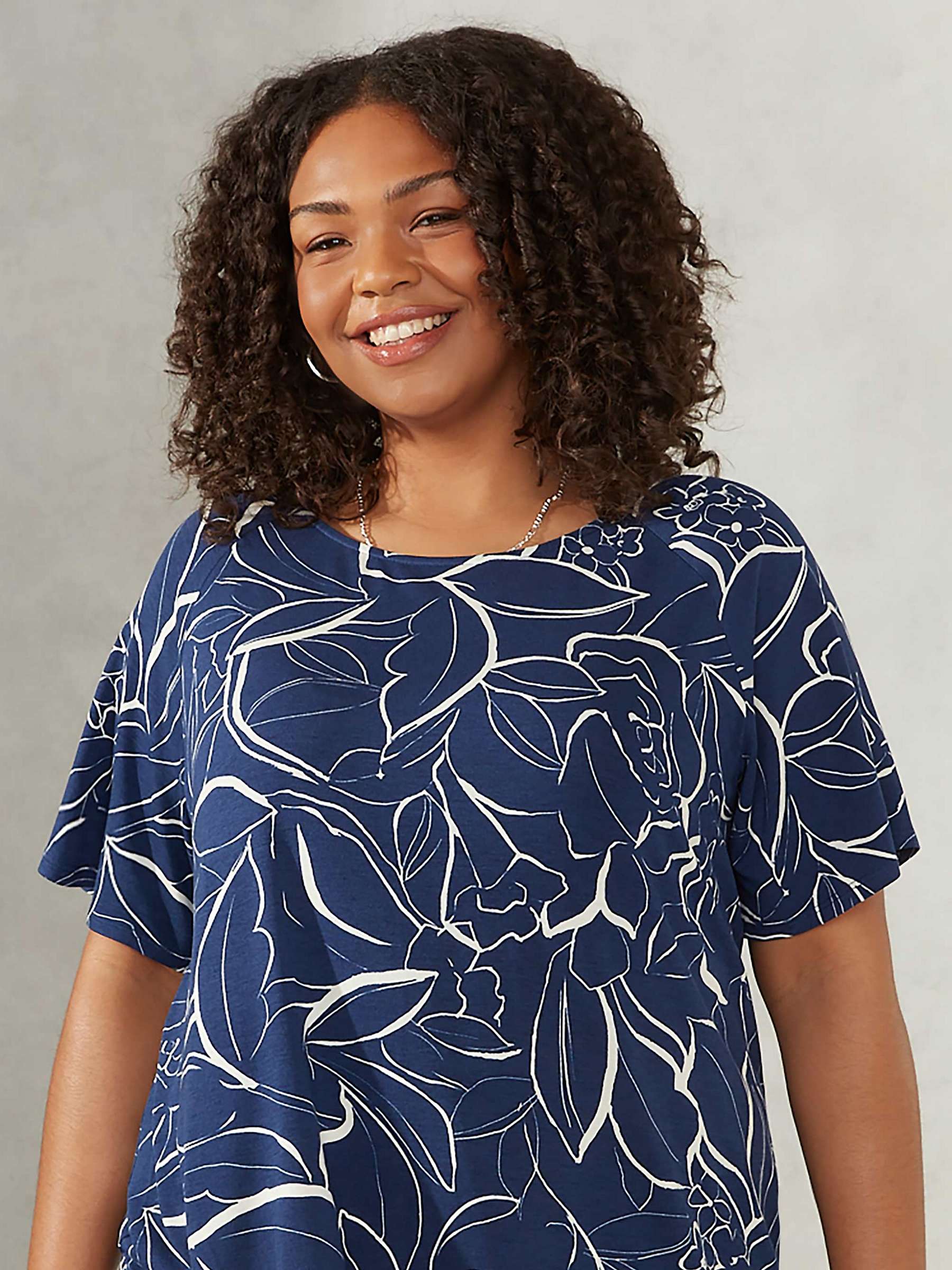 Buy Live Unlimited Curve Linear Floral Print Flutter Sleeve Jersey Top, Dark Blue/White Online at johnlewis.com
