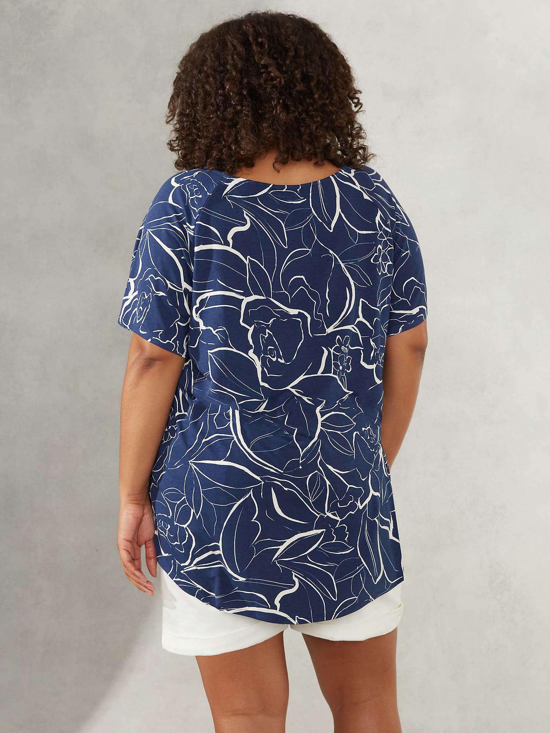 Buy Live Unlimited Curve Linear Floral Print Flutter Sleeve Jersey Top, Dark Blue/White Online at johnlewis.com