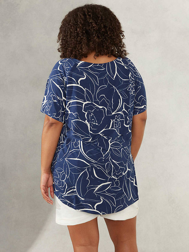 Live Unlimited Curve Linear Floral Print Flutter Sleeve Jersey Top, Dark Blue/White