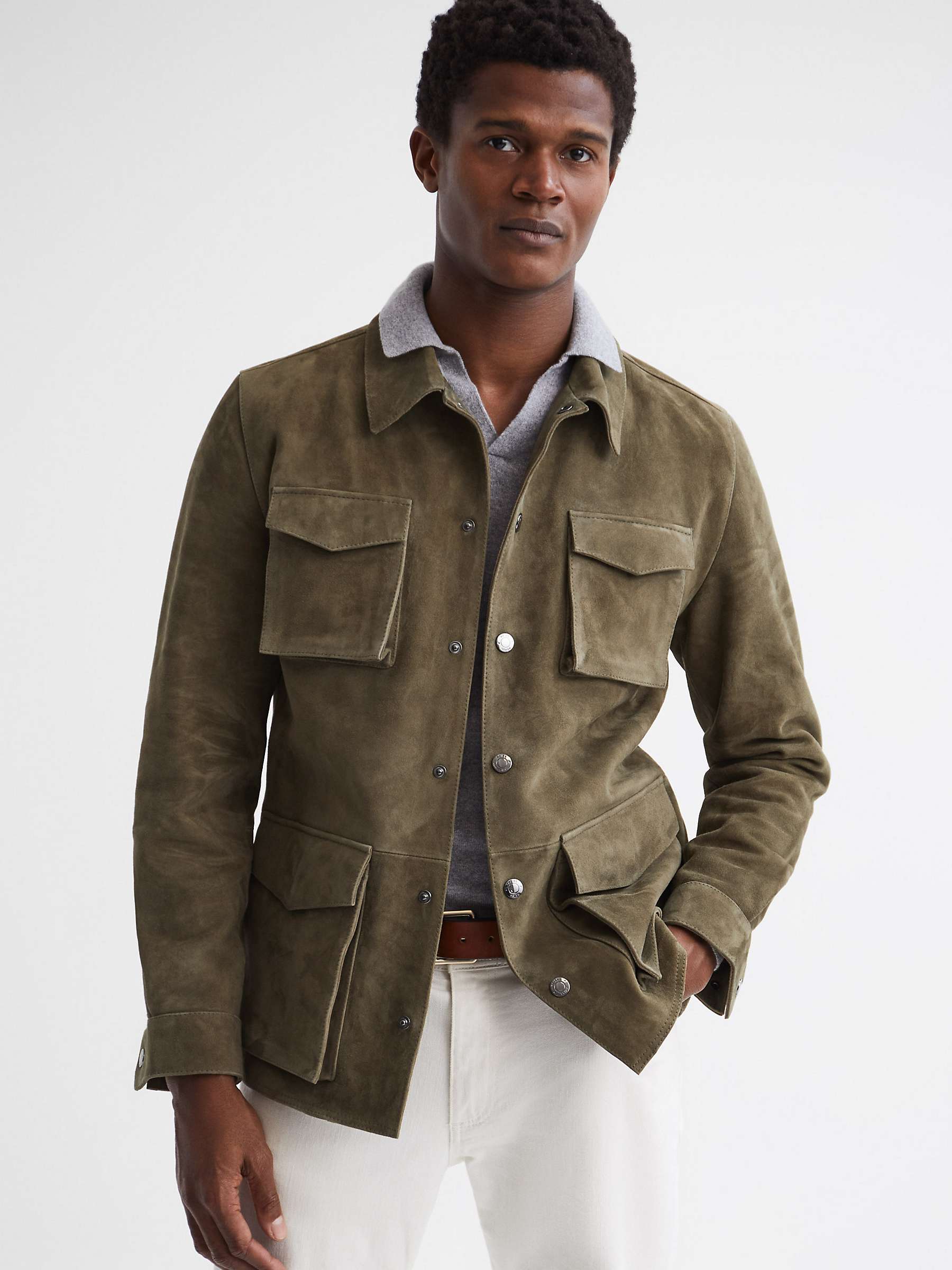 Reiss Mays Long Sleeve Suede Button Jacket, Sage at John Lewis & Partners