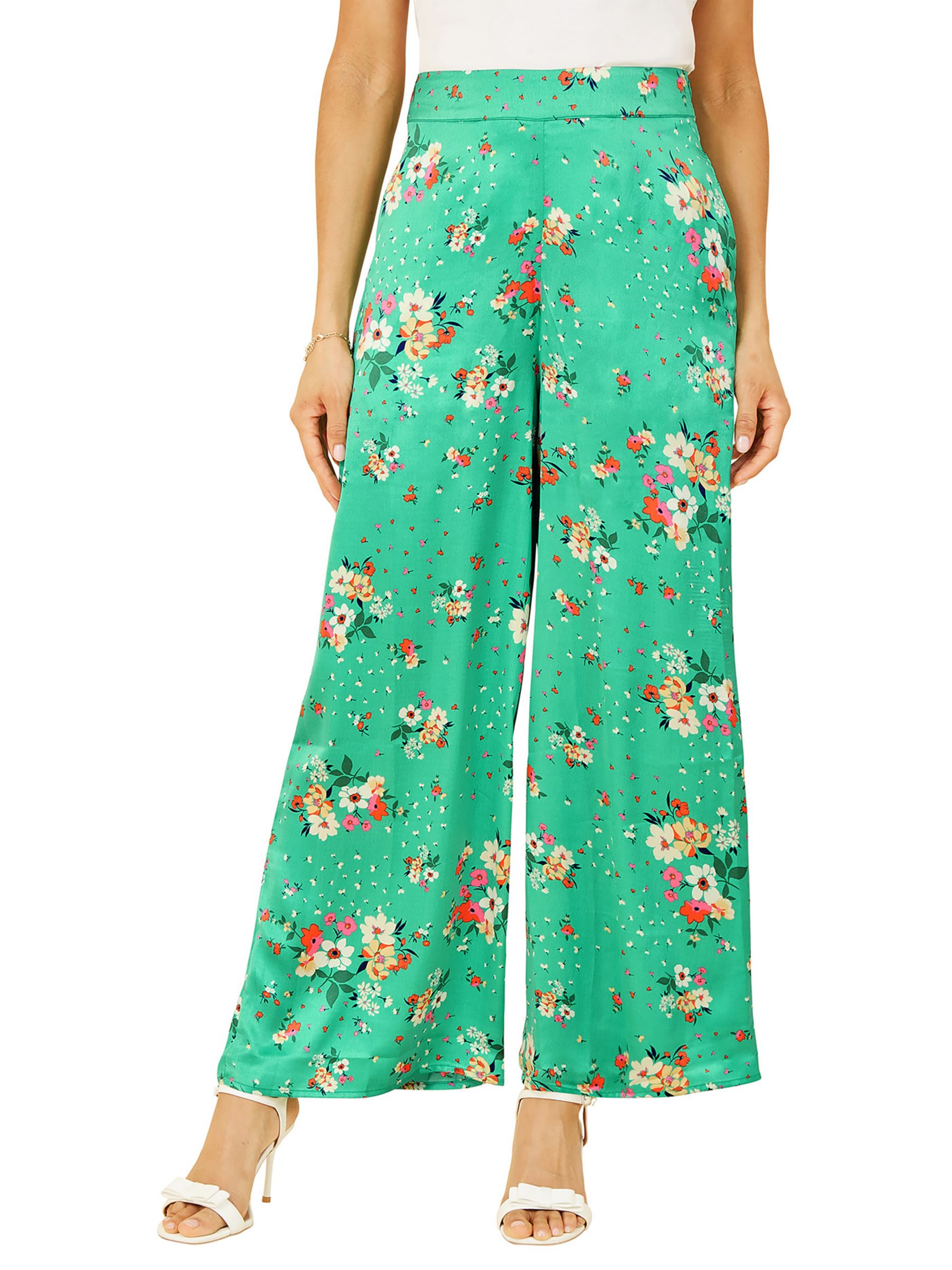 Yumi Floral Satin Wide Leg Trousers, Green at John Lewis & Partners