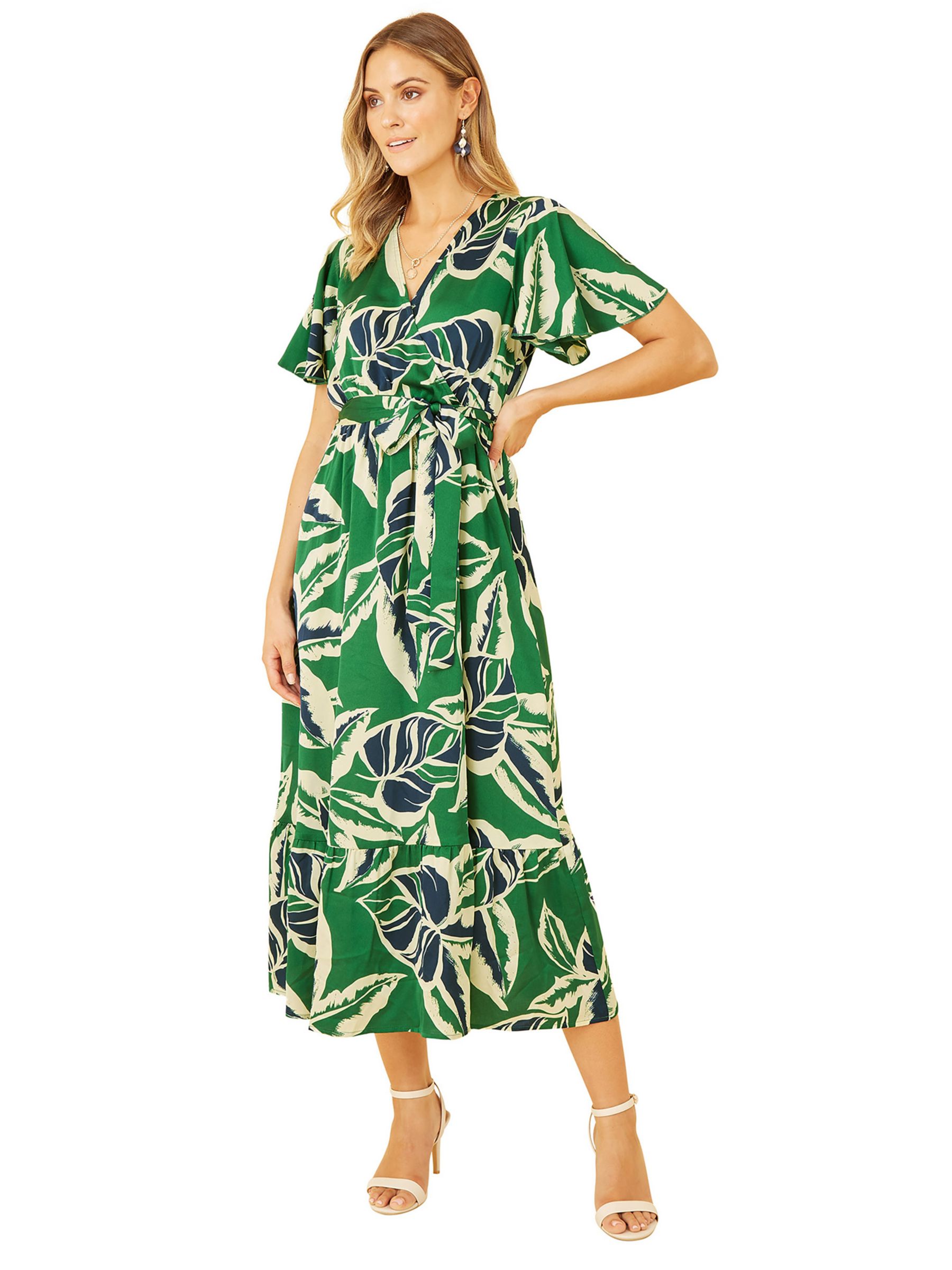 Yumi Tropical Print Wrap Midi Dress, Green at John Lewis & Partners