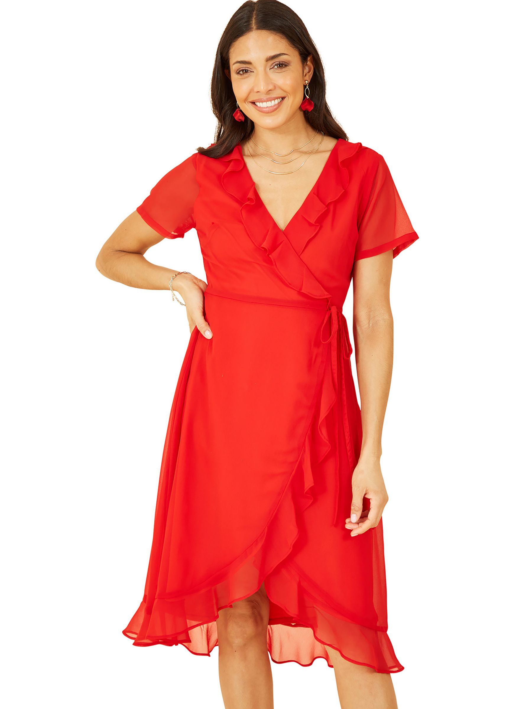 Yumi Red Frill Wrap Dress, Red, 24