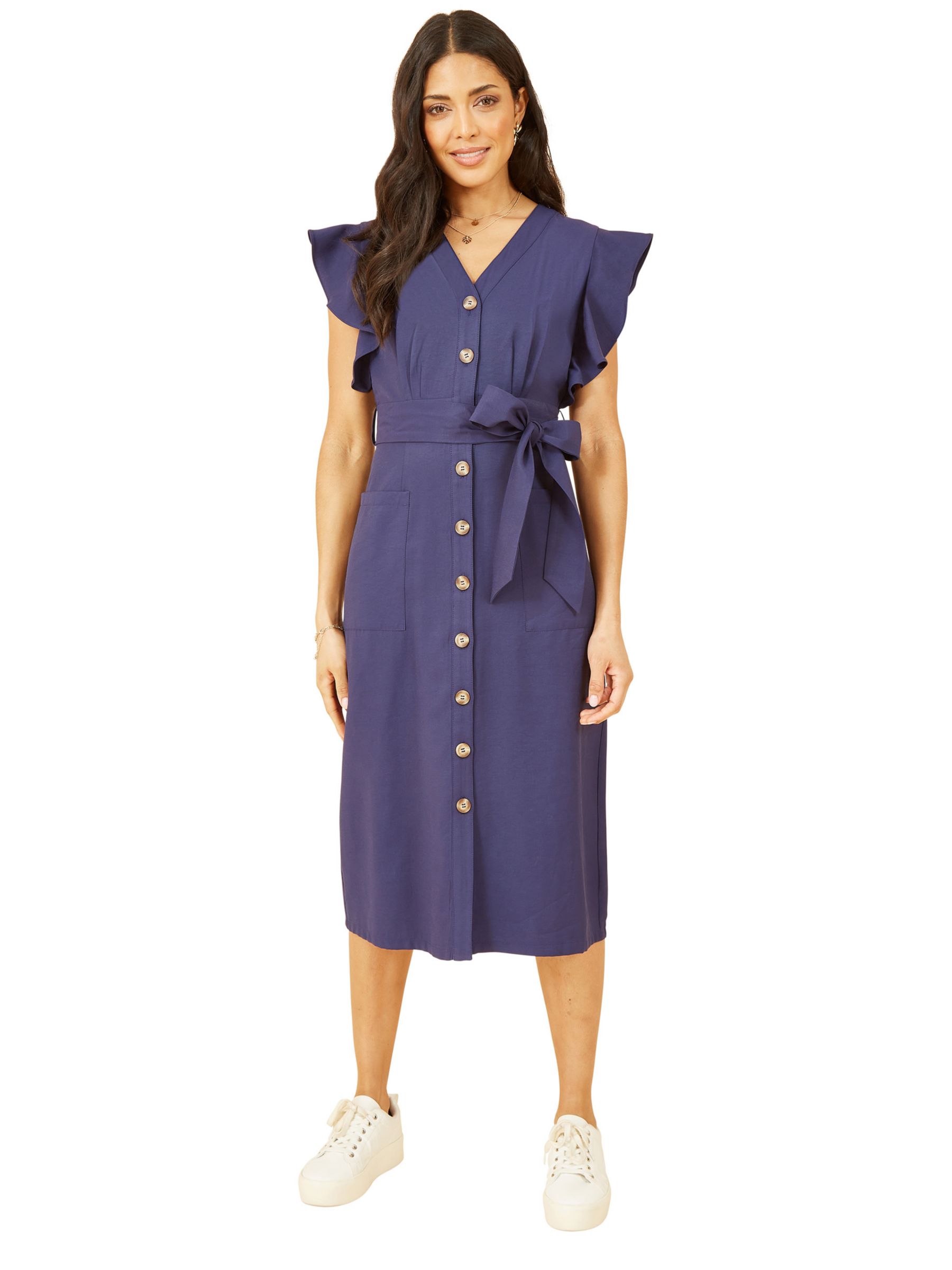 Yumi Frill Sleeve Button Shirt Dress, Navy