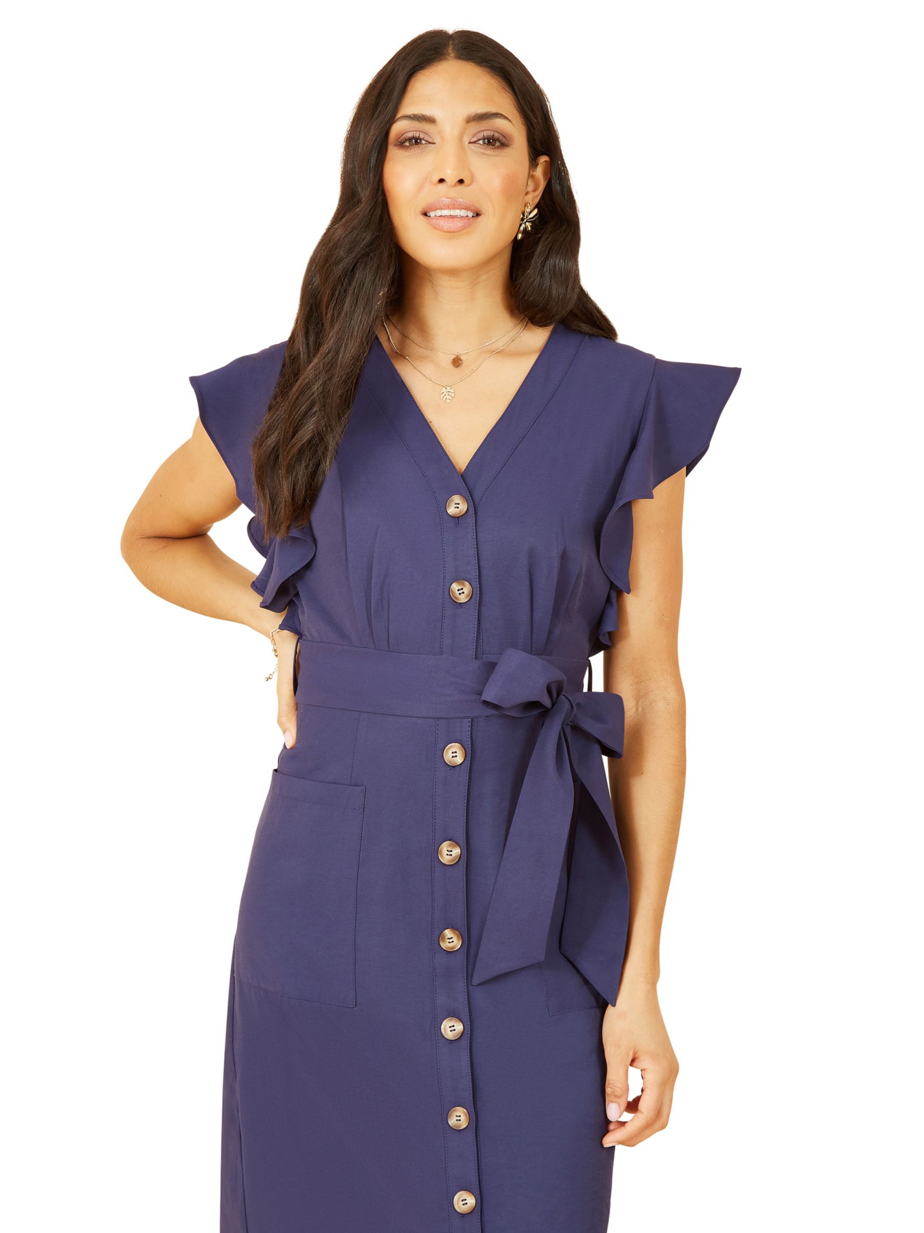 Yumi Frill Sleeve Button Shirt Dress, Navy, 10